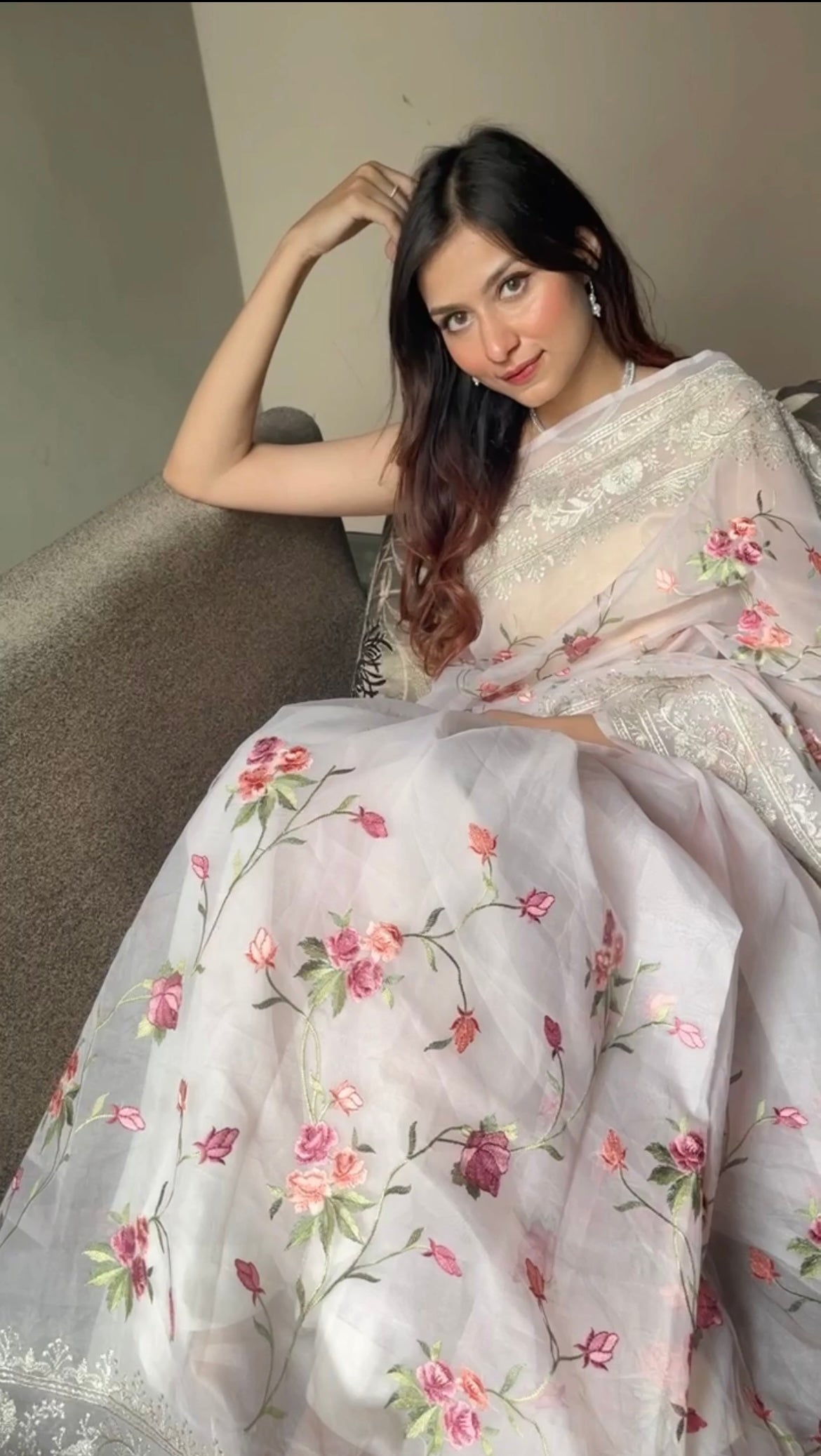Baby Pink With Floral Embroidery Organza Saree