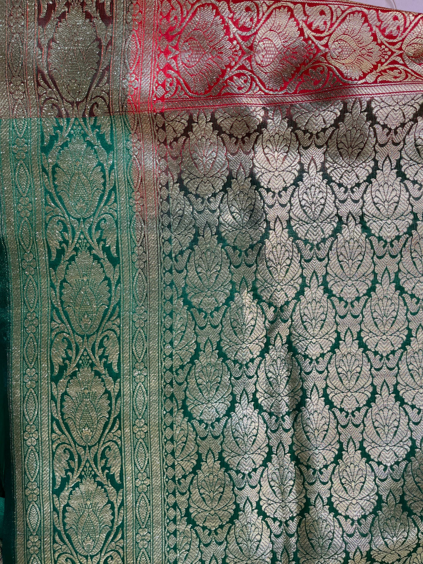 Red and Green Banarasi Silk Saree with golden zari work