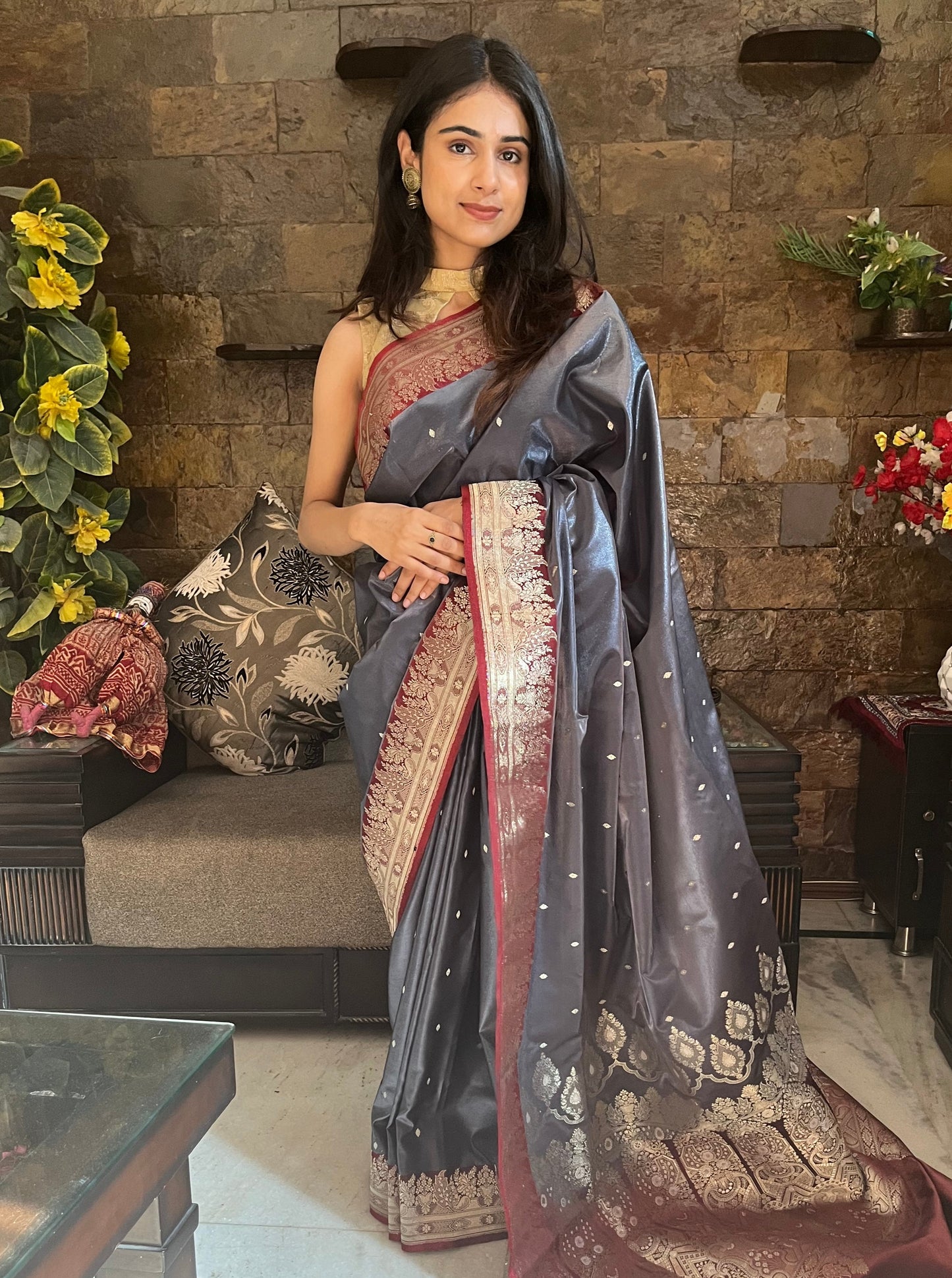 Metallic Grey Banarasi Silk Saree