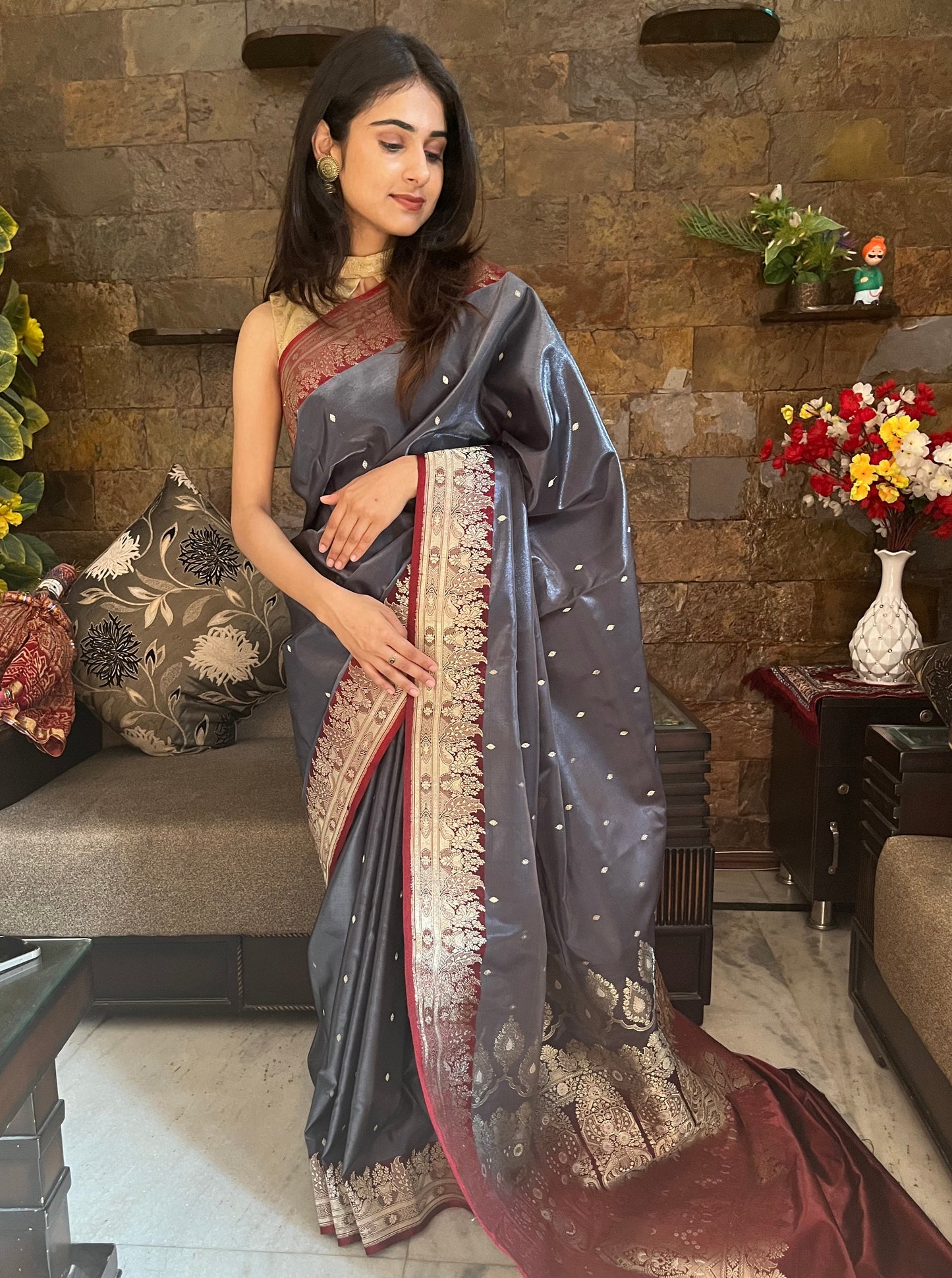 Metallic Grey Banarasi Silk Saree