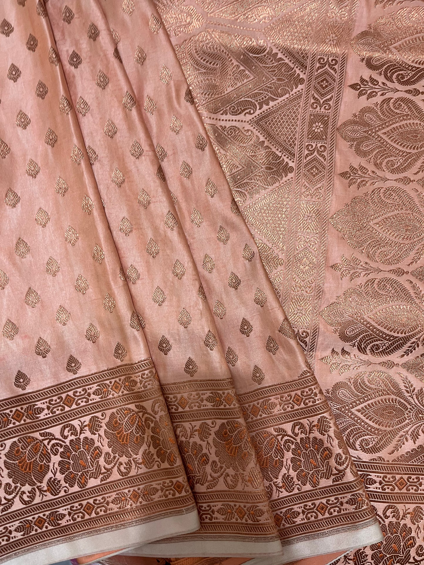 Peach with Rose Gold Zari Katan Silk Banarasi Saree