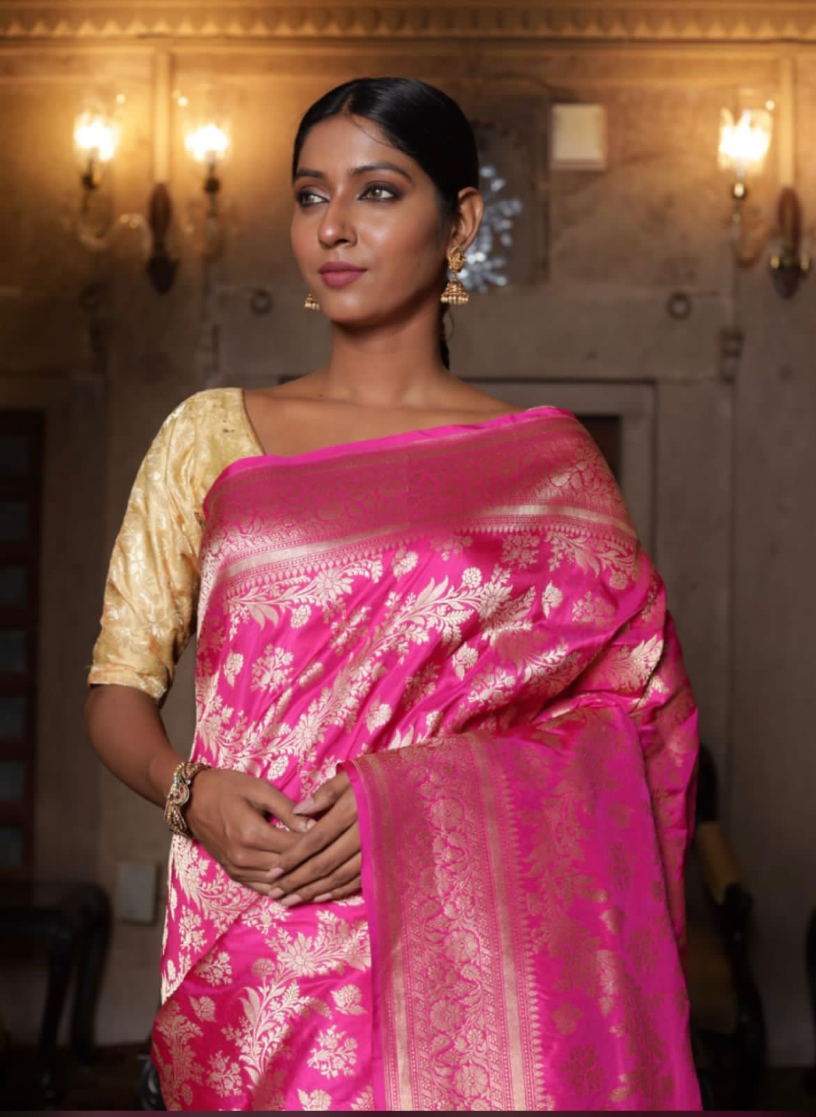 Pink Pure Katan Silk Handloom Banarasi Saree - Jaal work Fabric