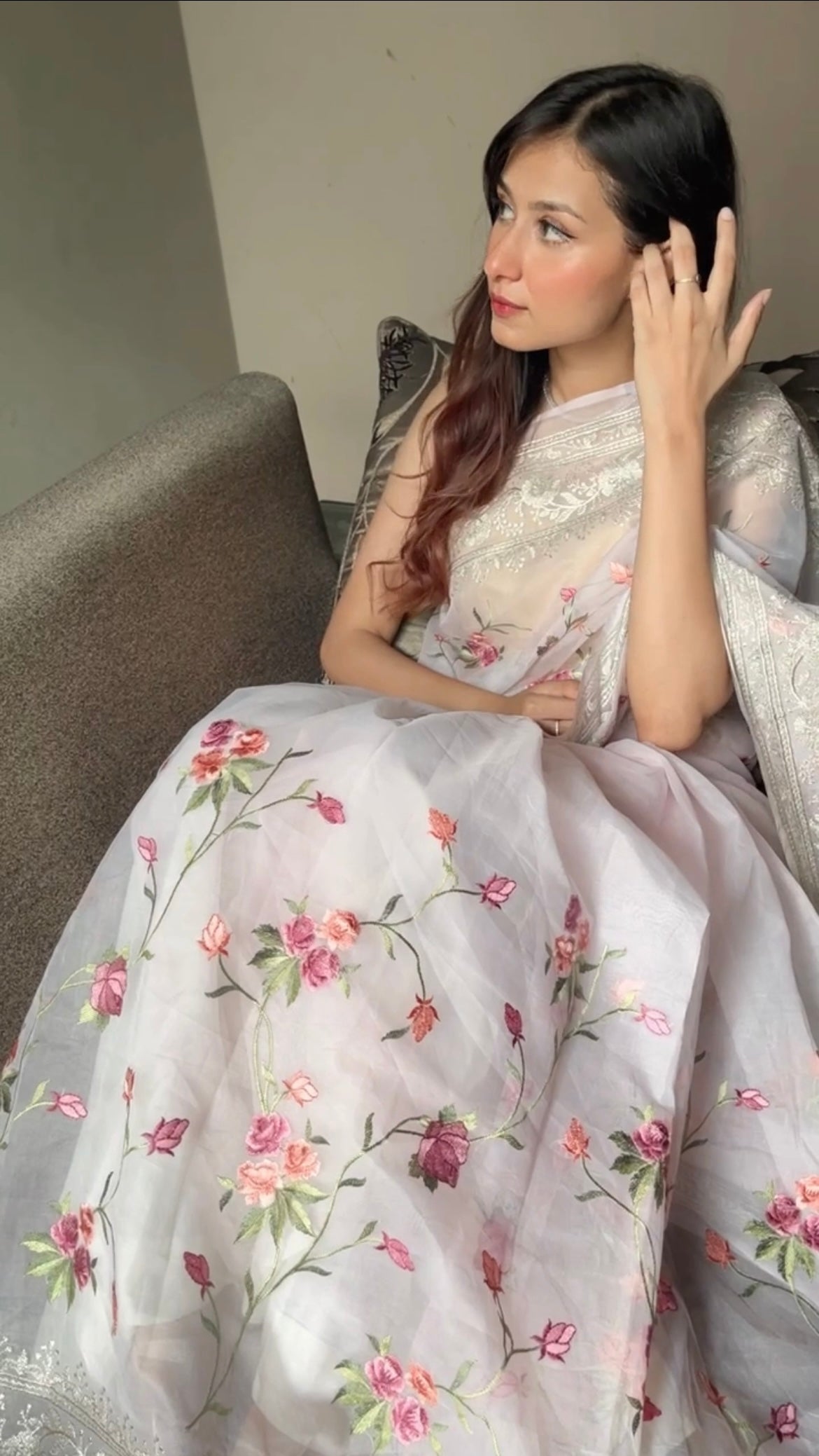 Baby Pink With Floral Embroidery Organza Saree