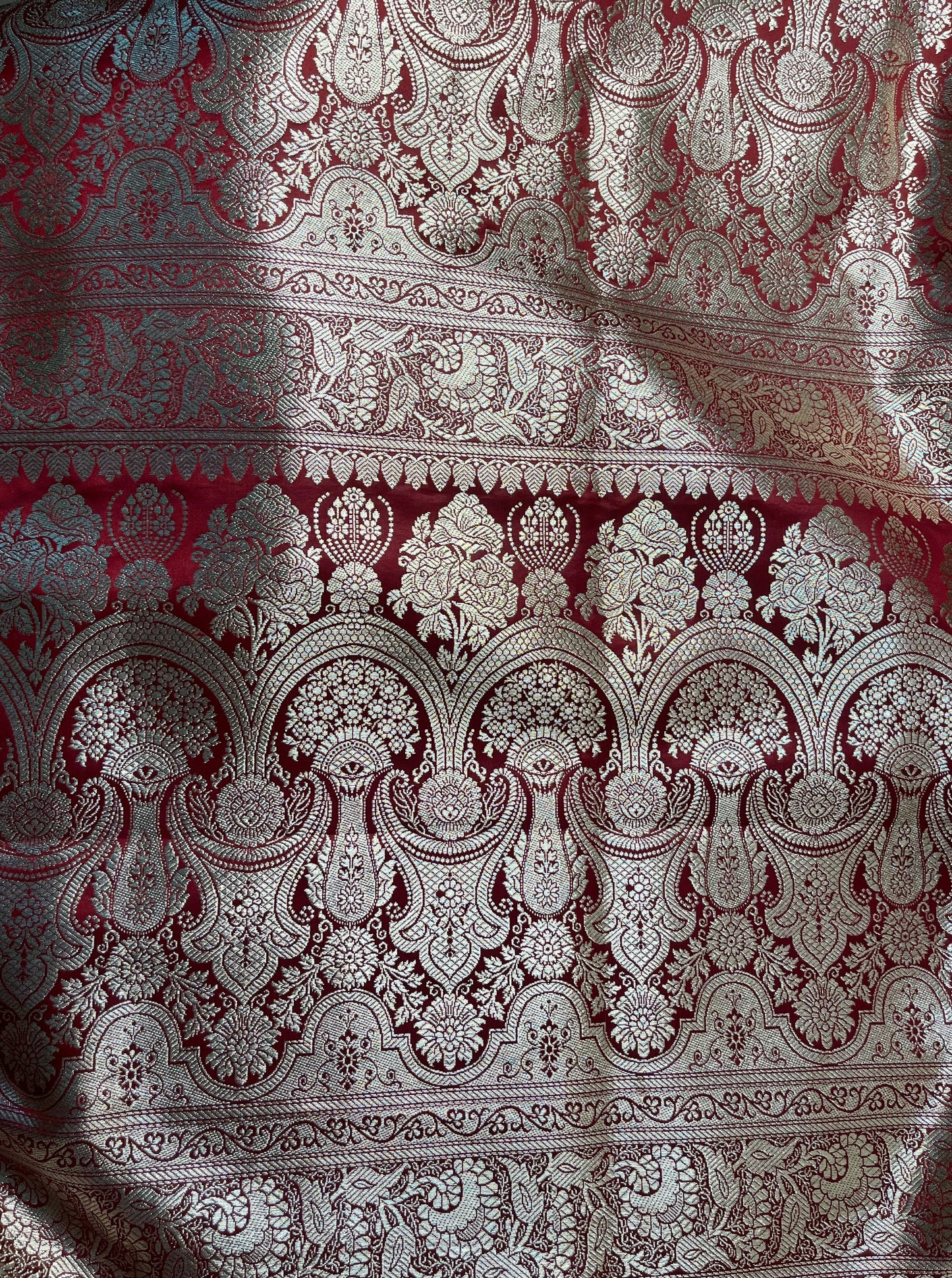 Red Floral Silver Zari Jaal Banarasi Silk Saree