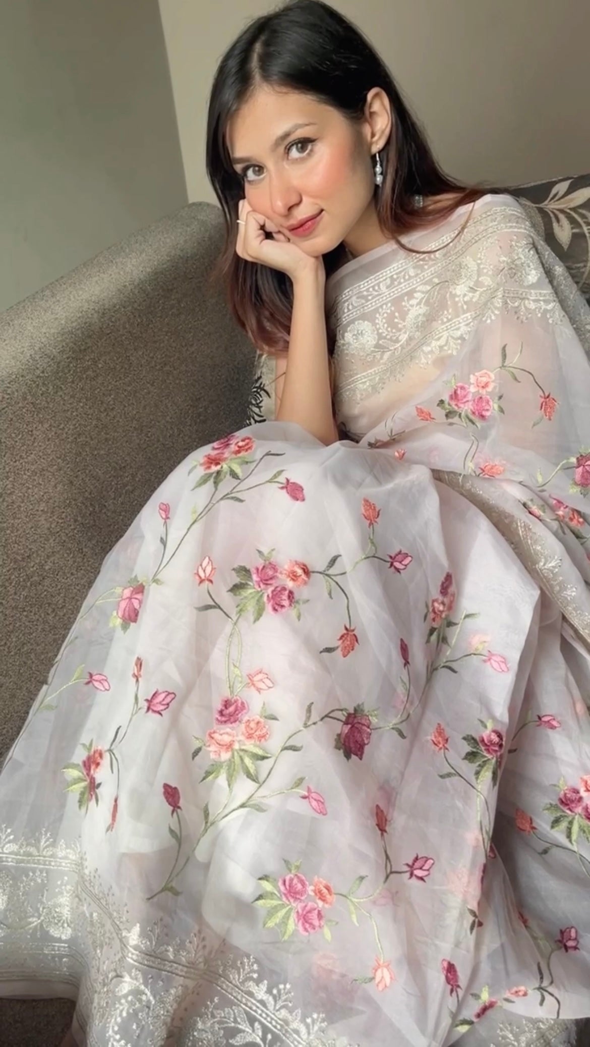 Baby Pink With Floral Embroidery Organza Saree