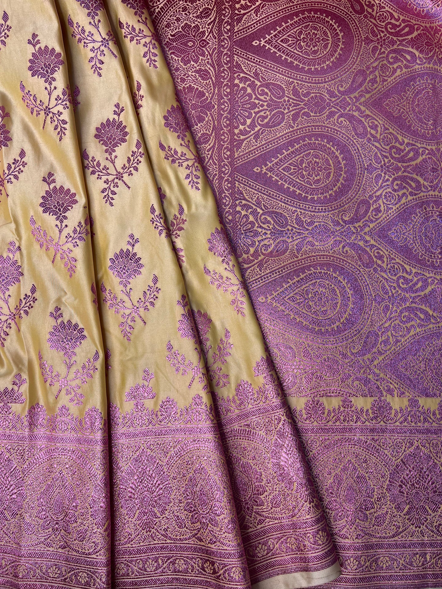 Yellow Katan Silk Saree With Pink Zari Work