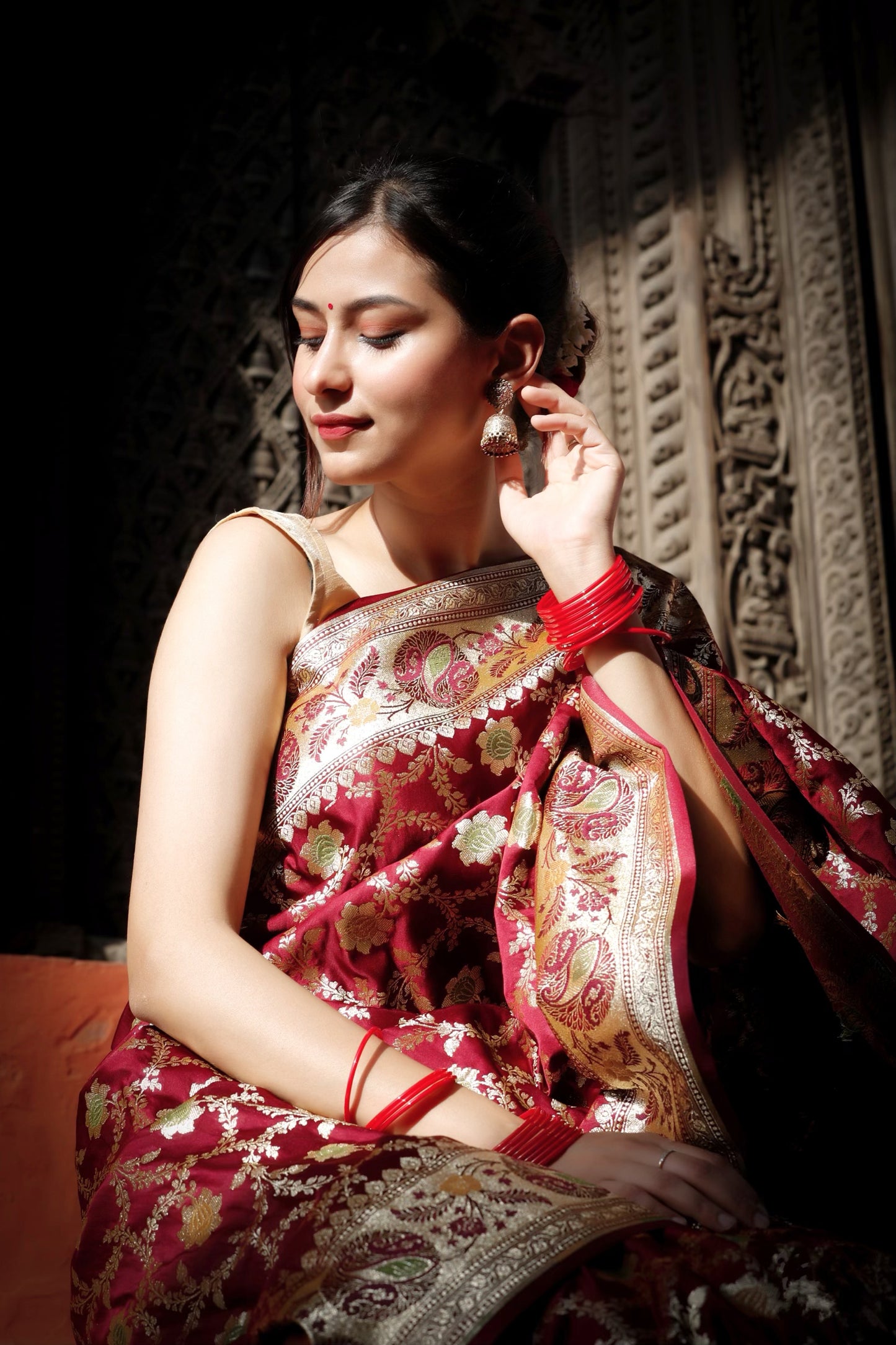 Maroon Meenakari Floral Jaal Katan Silk Saree