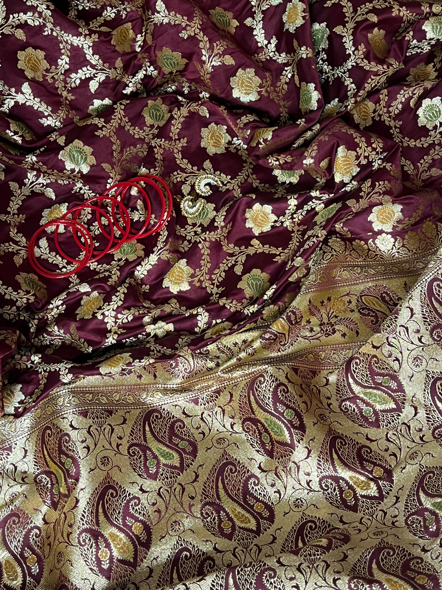 Maroon Meenakari Floral Jaal Katan Silk Saree