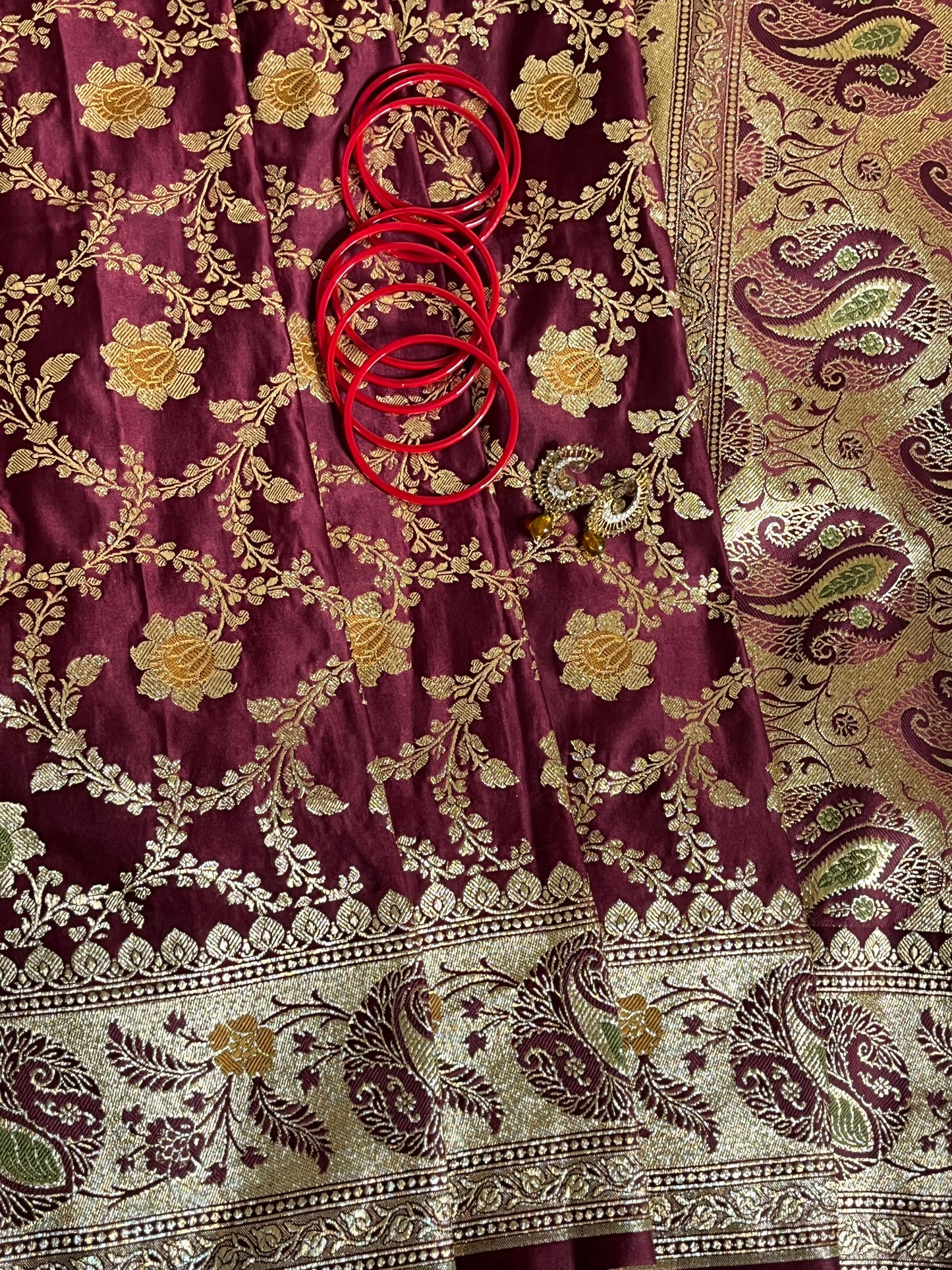 Maroon Meenakari Floral Jaal Katan Silk Saree