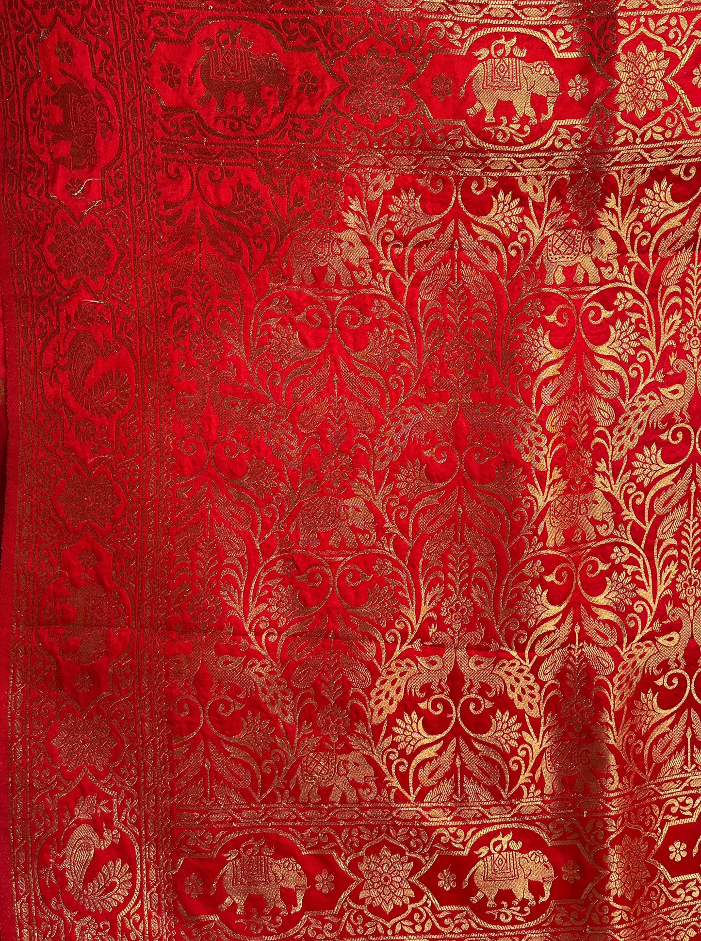 Red Banarasi Satin Silk Saree With Peacock Motifs