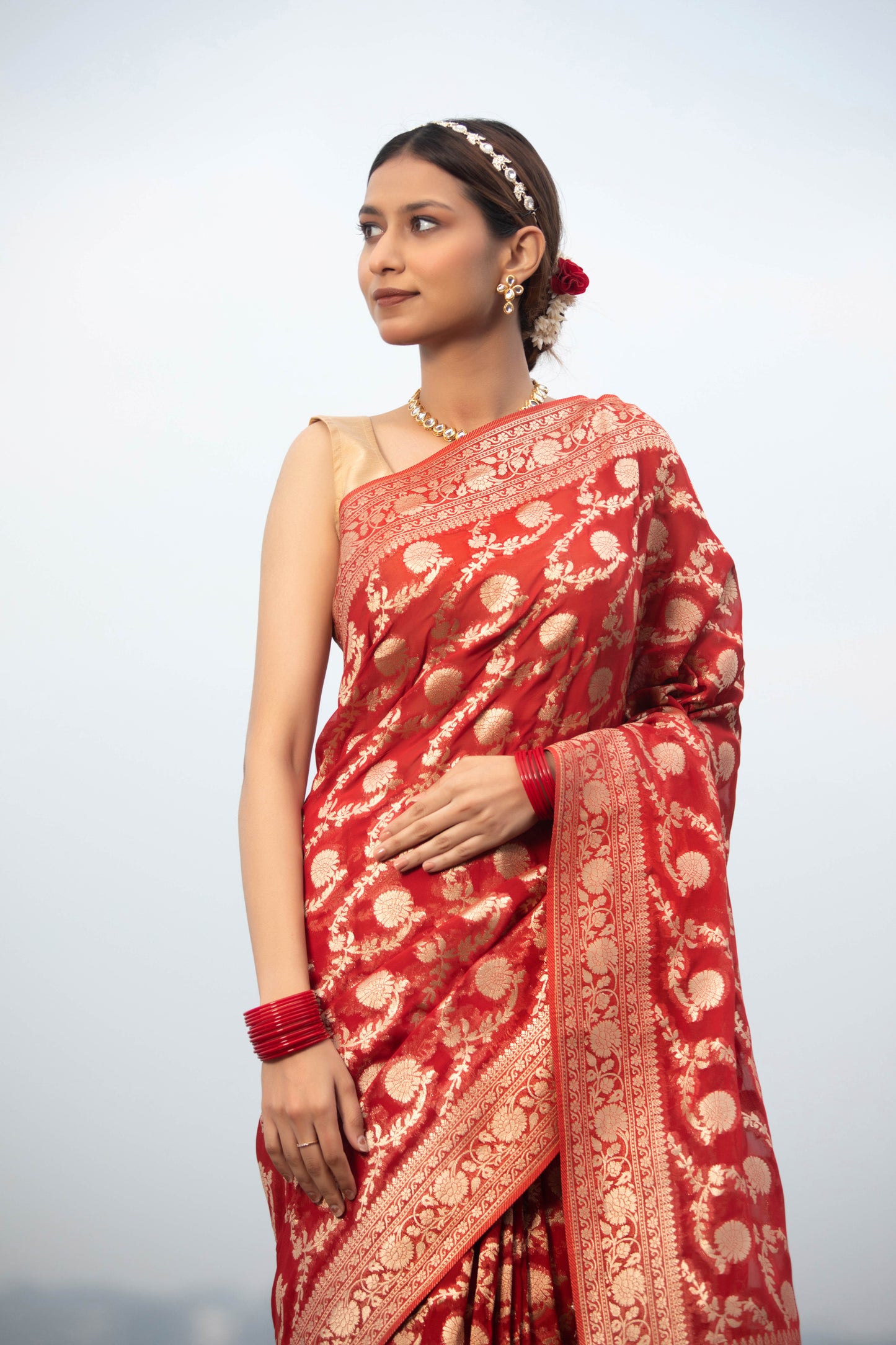 Red Khaddi Georgette Banarasi Silk Saree