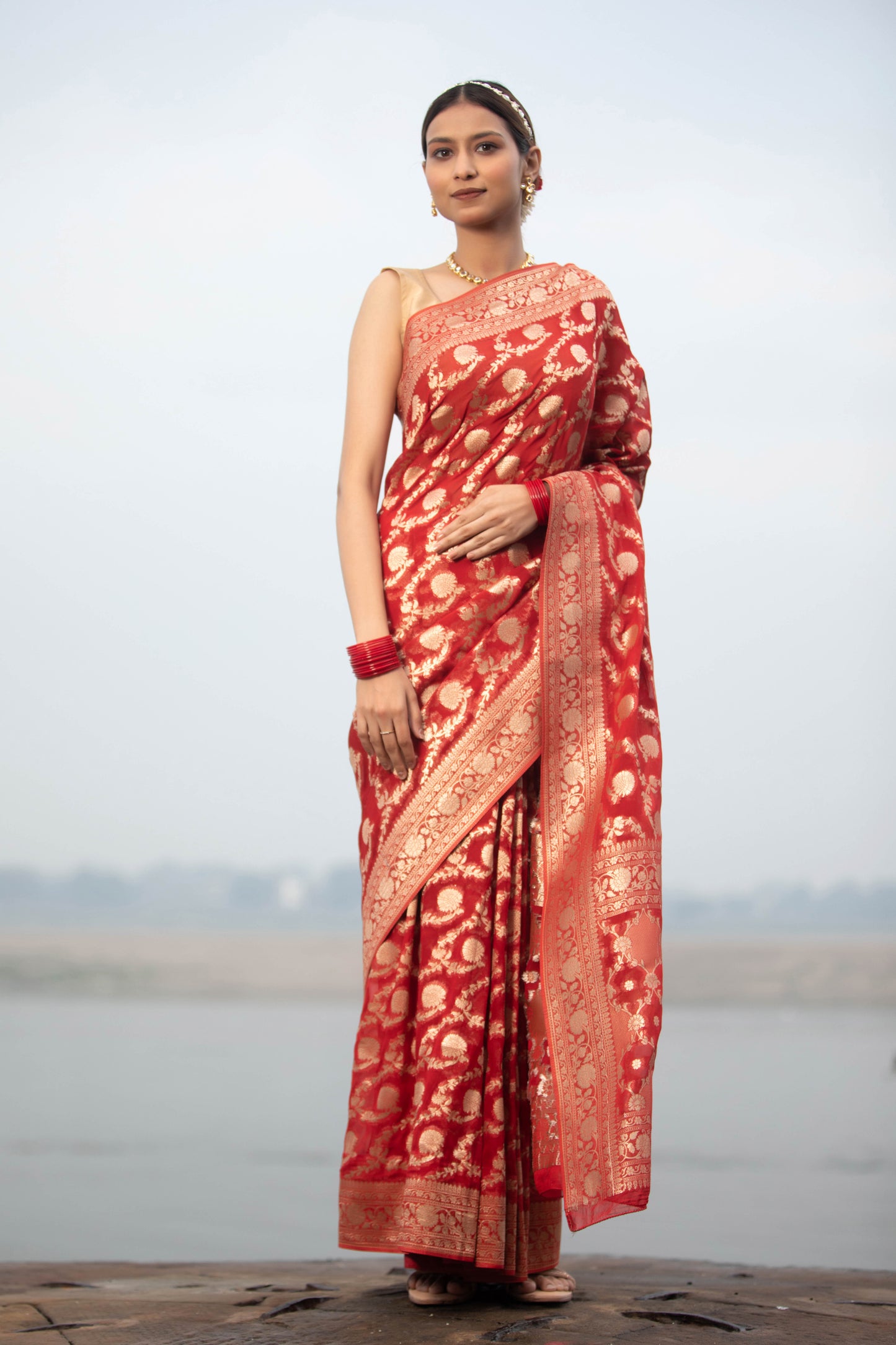 Red Khaddi Georgette Banarasi Silk Saree