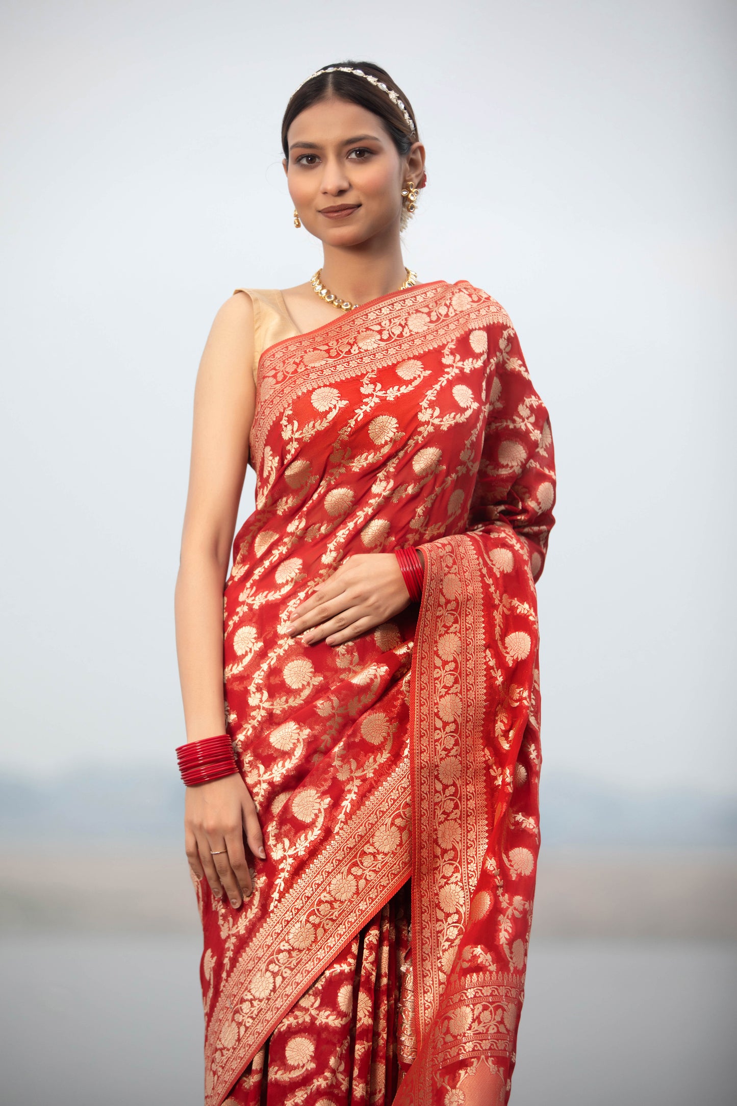 Red Khaddi Georgette Banarasi Silk Saree