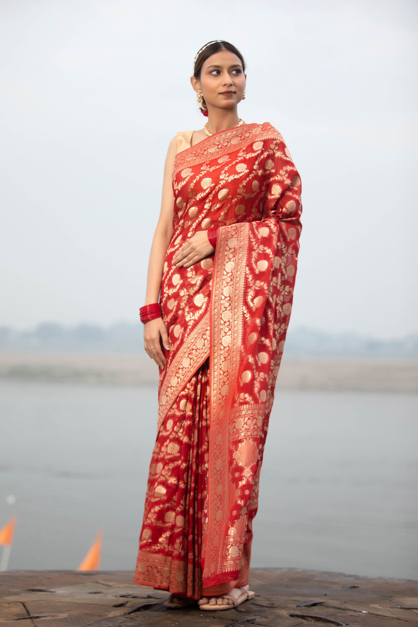 Red Khaddi Georgette Banarasi Silk Saree