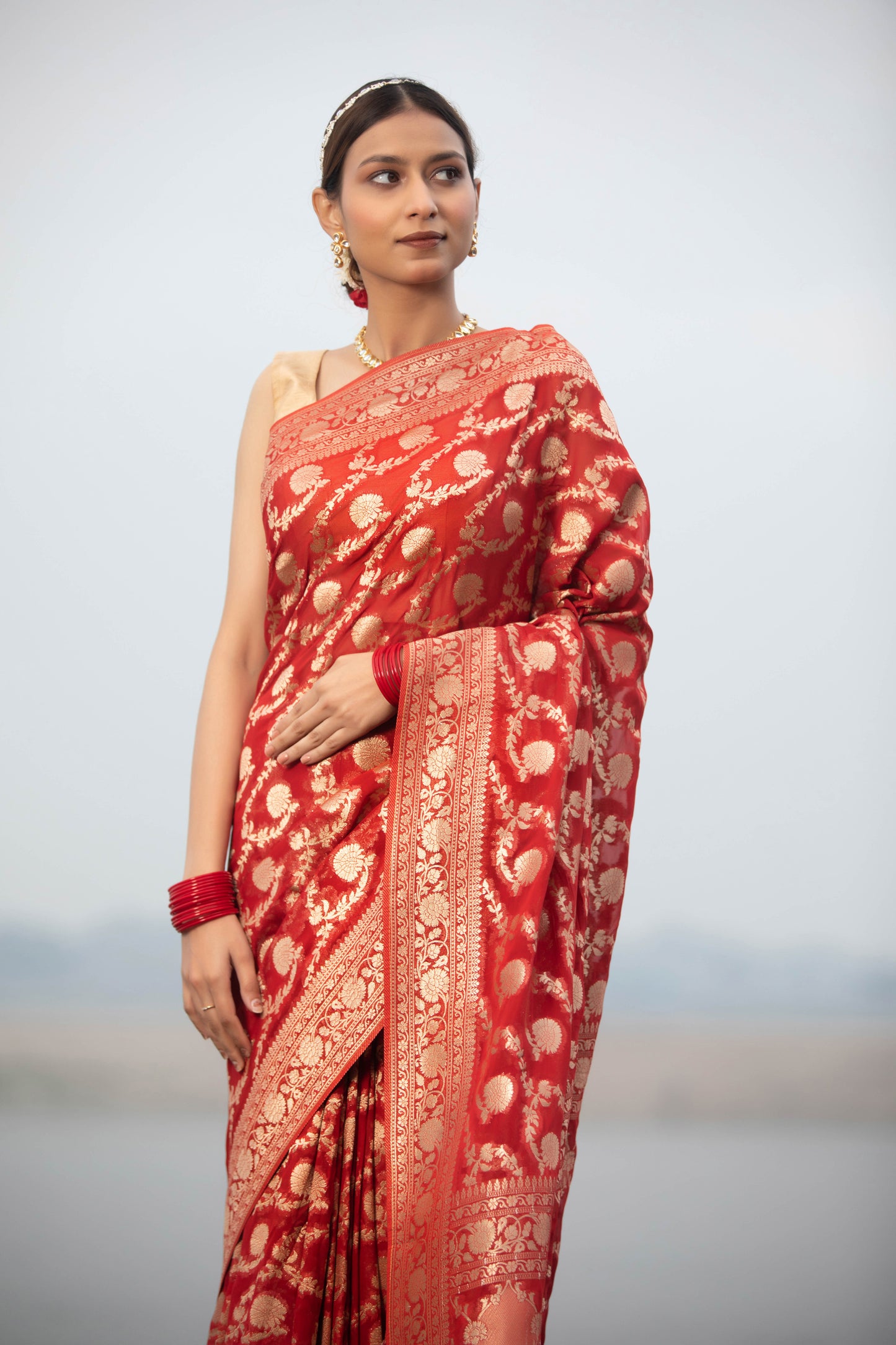 Red Khaddi Georgette Banarasi Silk Saree