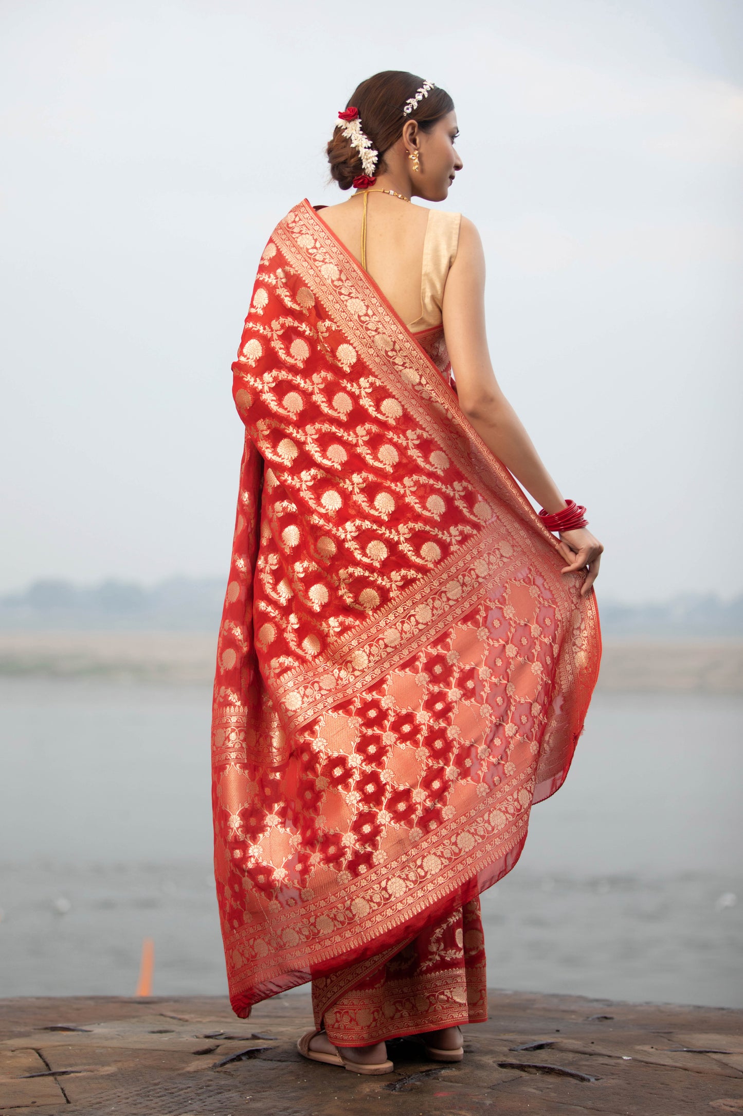 Red Khaddi Georgette Banarasi Silk Saree