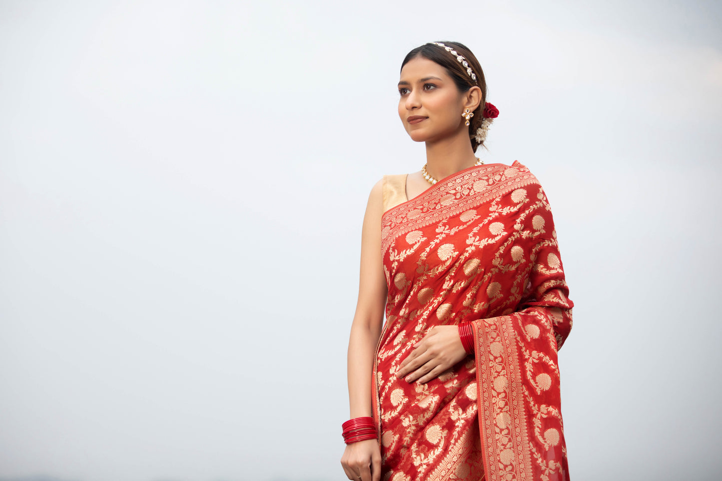 Red Khaddi Georgette Banarasi Silk Saree