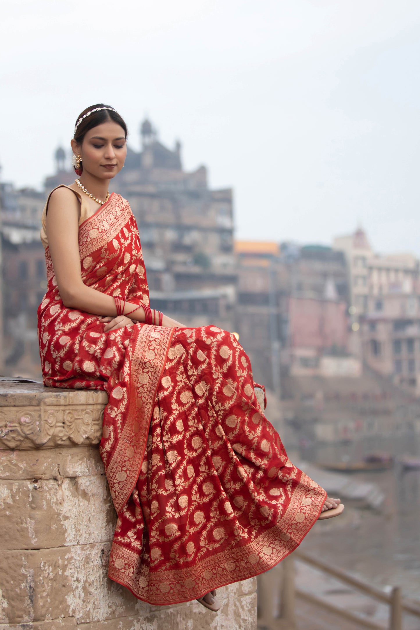 Red Khaddi Georgette Banarasi Silk Saree