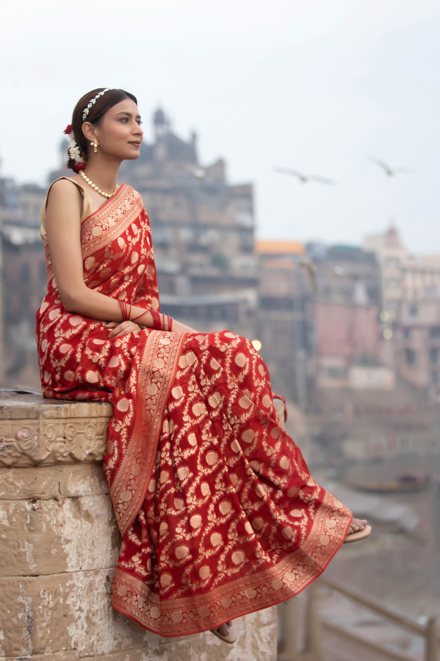 Red Khaddi Georgette Banarasi Silk Saree