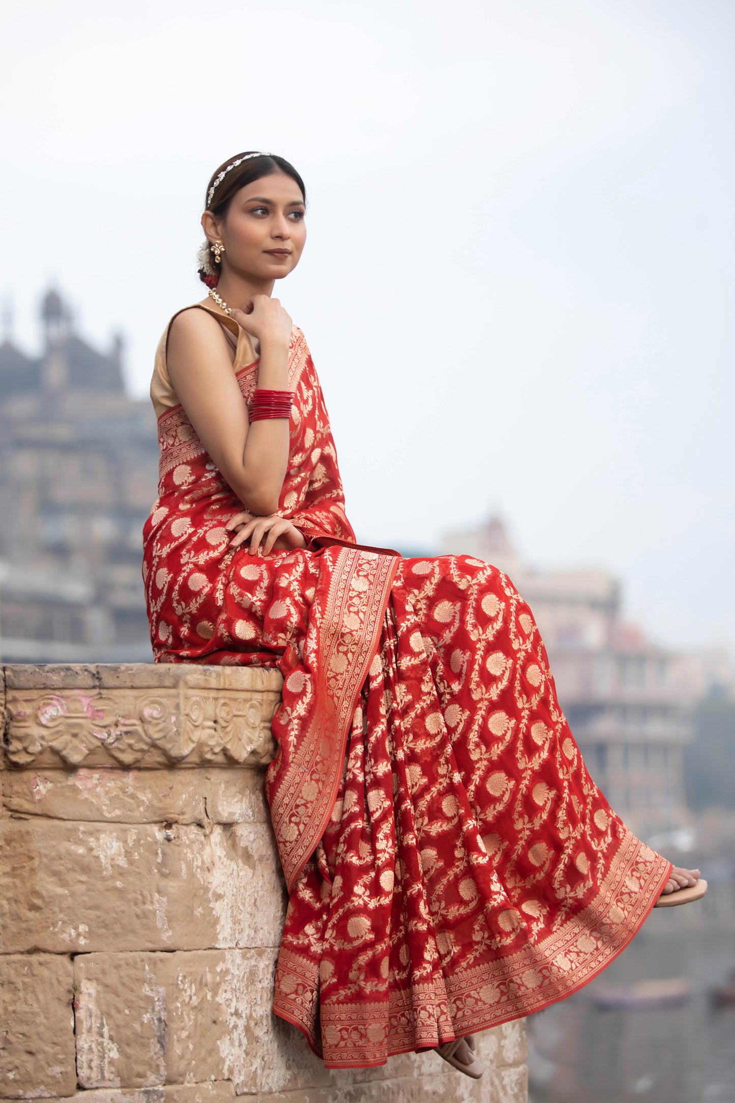 Red Khaddi Georgette Banarasi Silk Saree