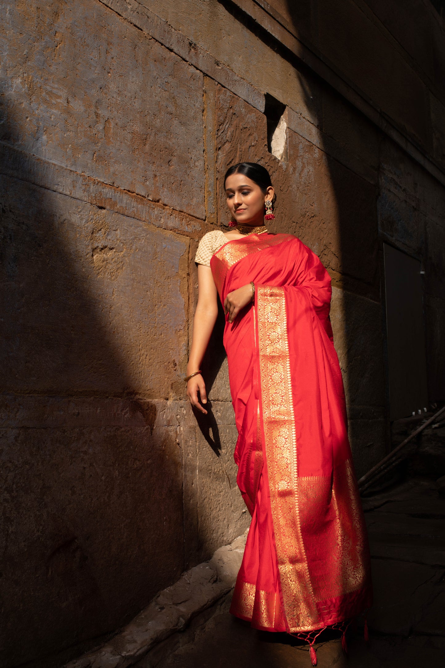Deep Carmine Pink Banarasi Silk Saree