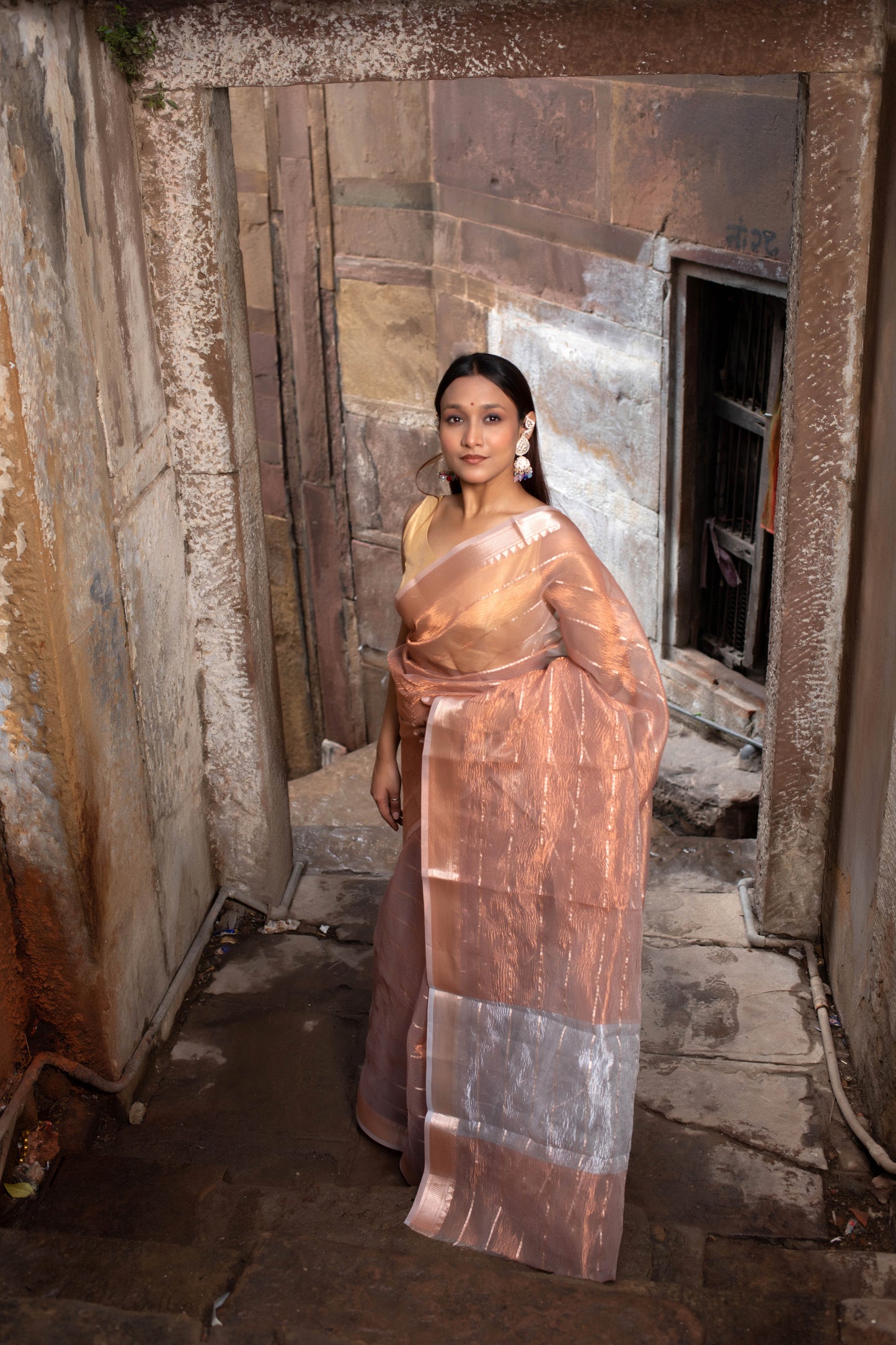 Peach Banarasi Tissue Silk Saree