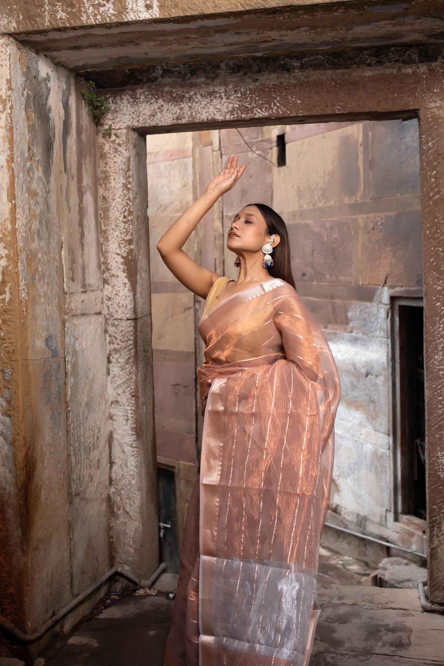 Peach Banarasi Tissue Silk Saree
