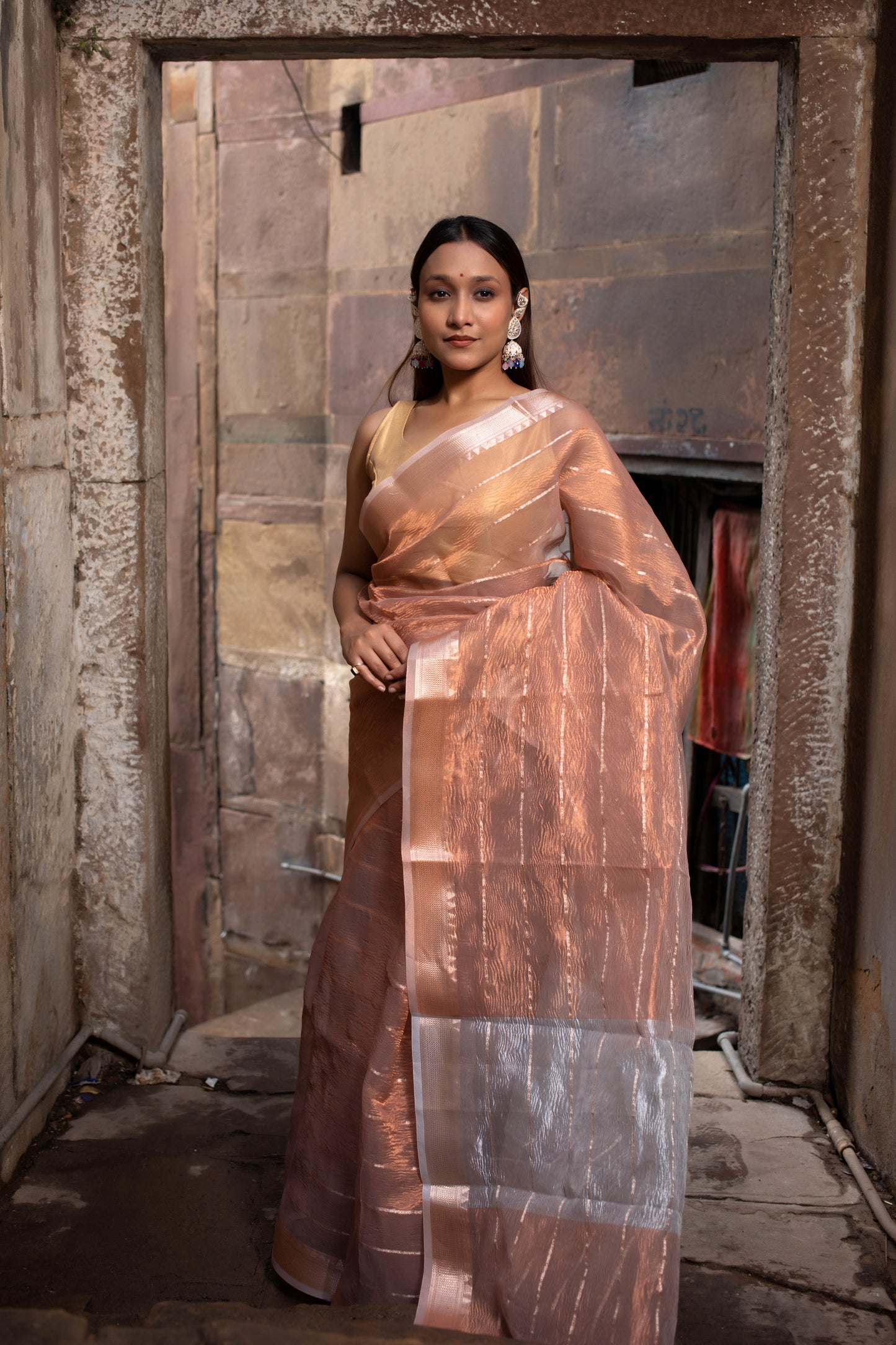 Peach Banarasi Tissue Silk Saree