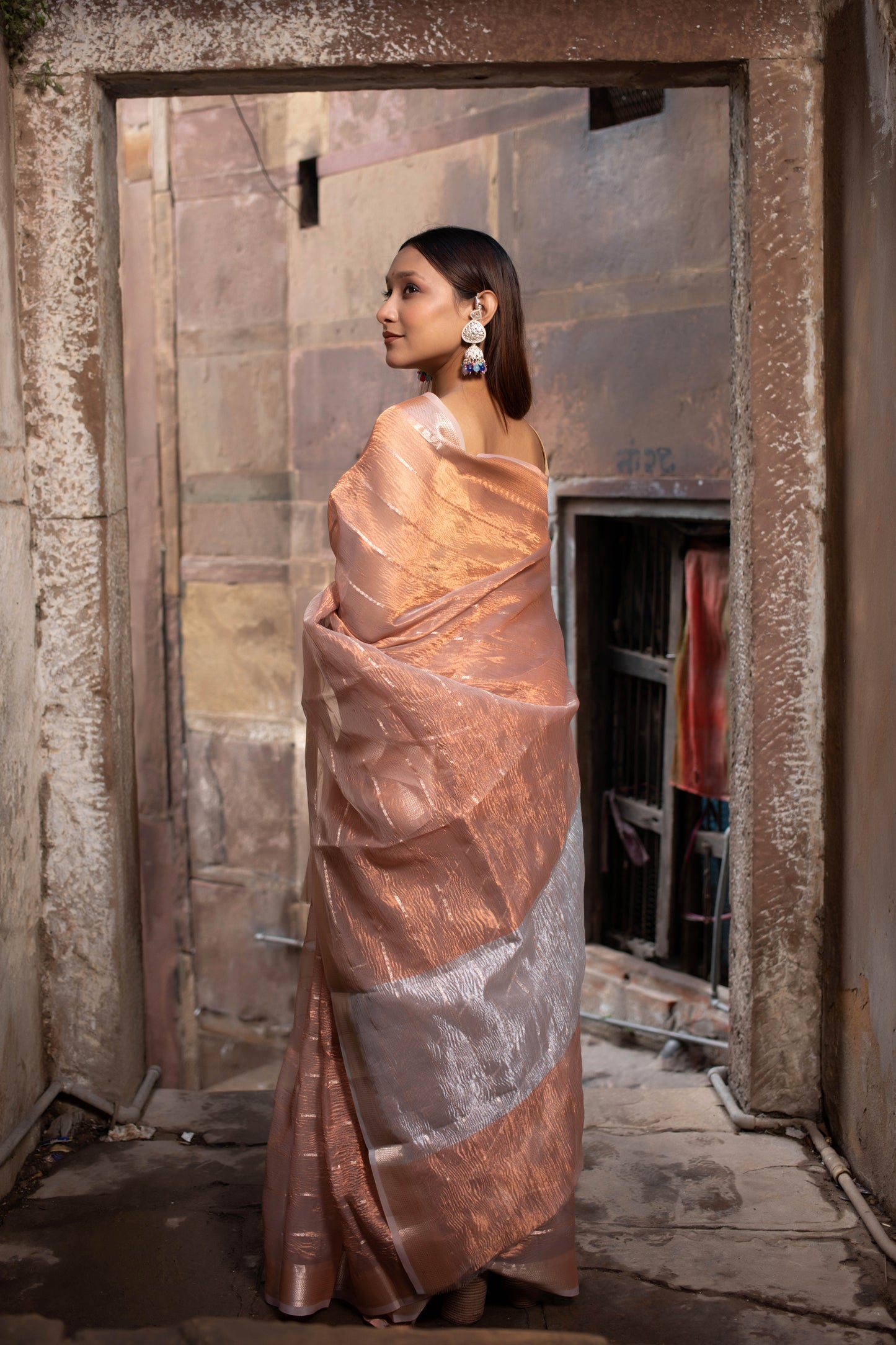 Peach Banarasi Tissue Silk Saree