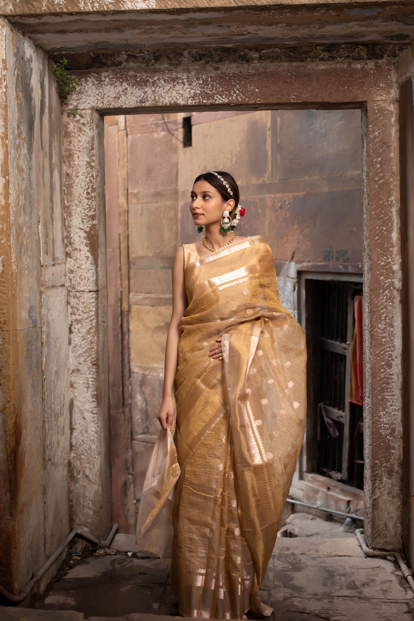 Golden with Booti Banarasi Tissue Silk Saree