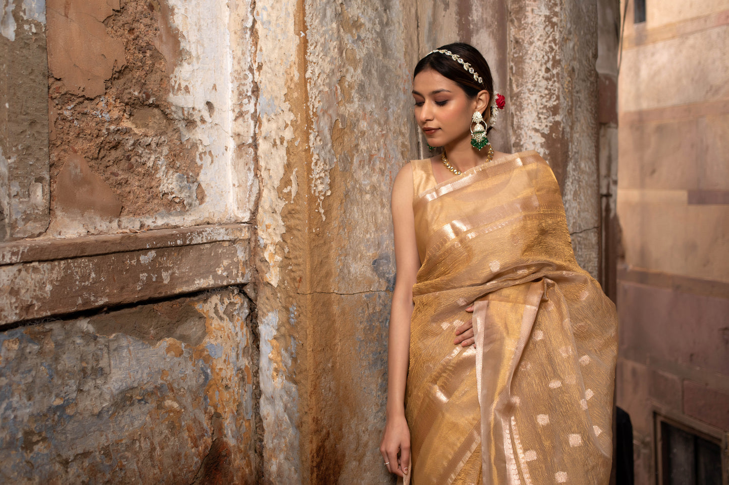Golden with Booti Banarasi Tissue Silk Saree