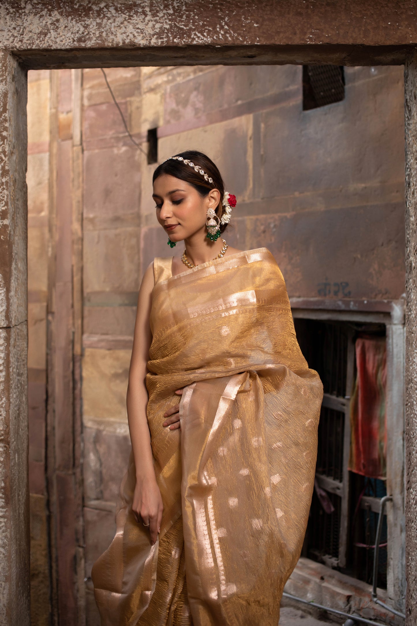 Golden with Booti Banarasi Tissue Silk Saree