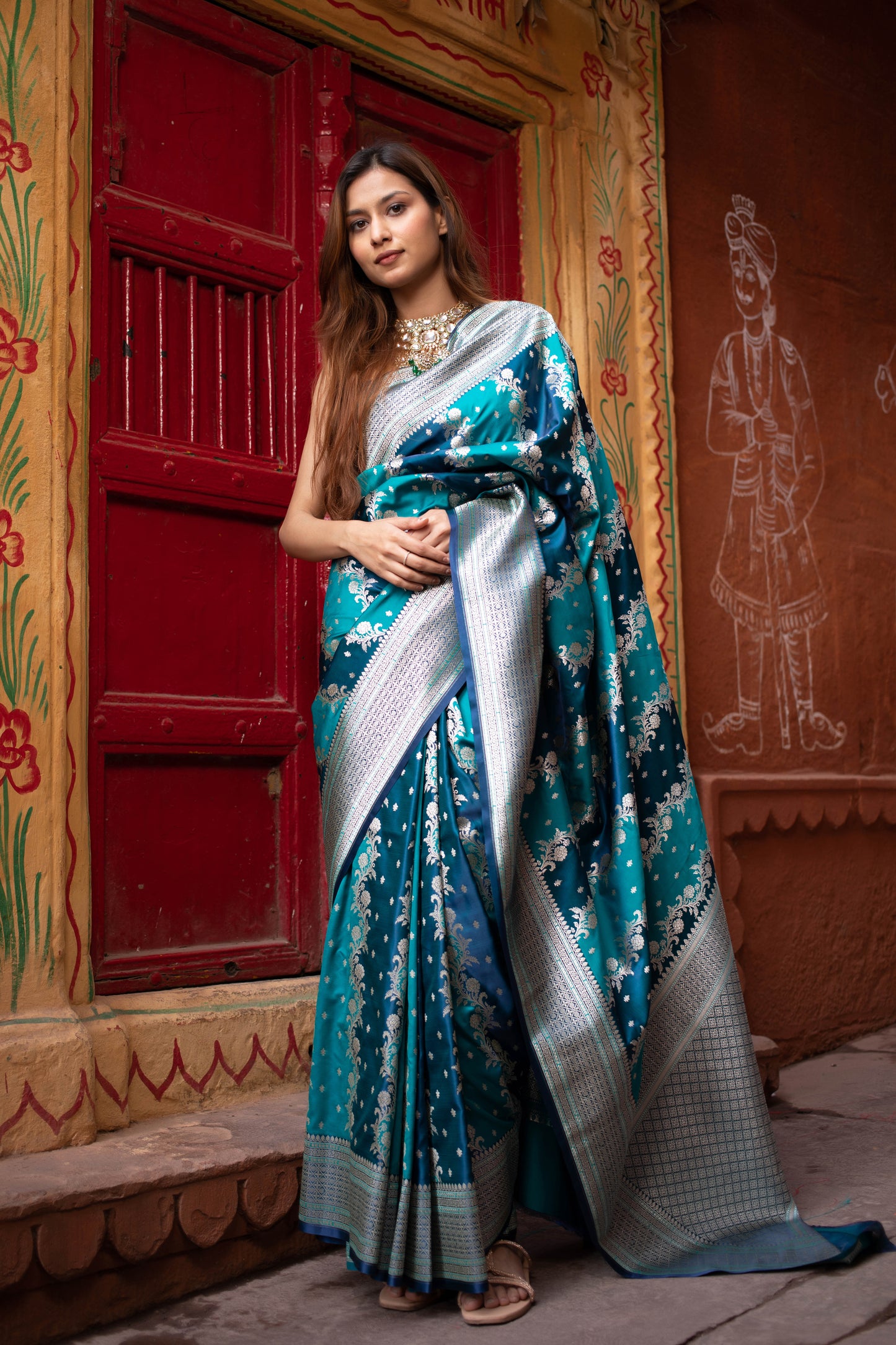 Dark Turquoise Banarasi Silk Saree
