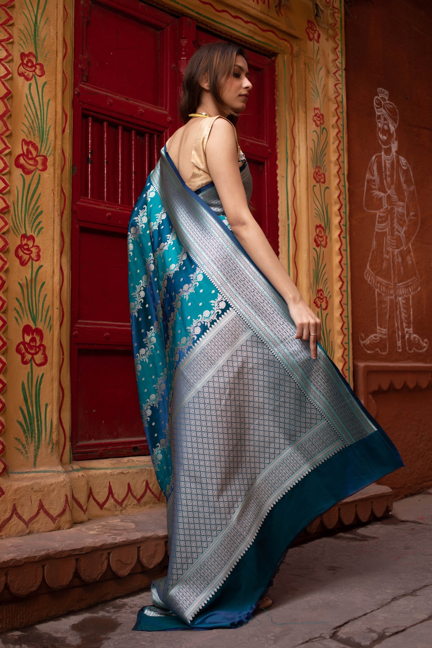 Dark Turquoise Banarasi Silk Saree