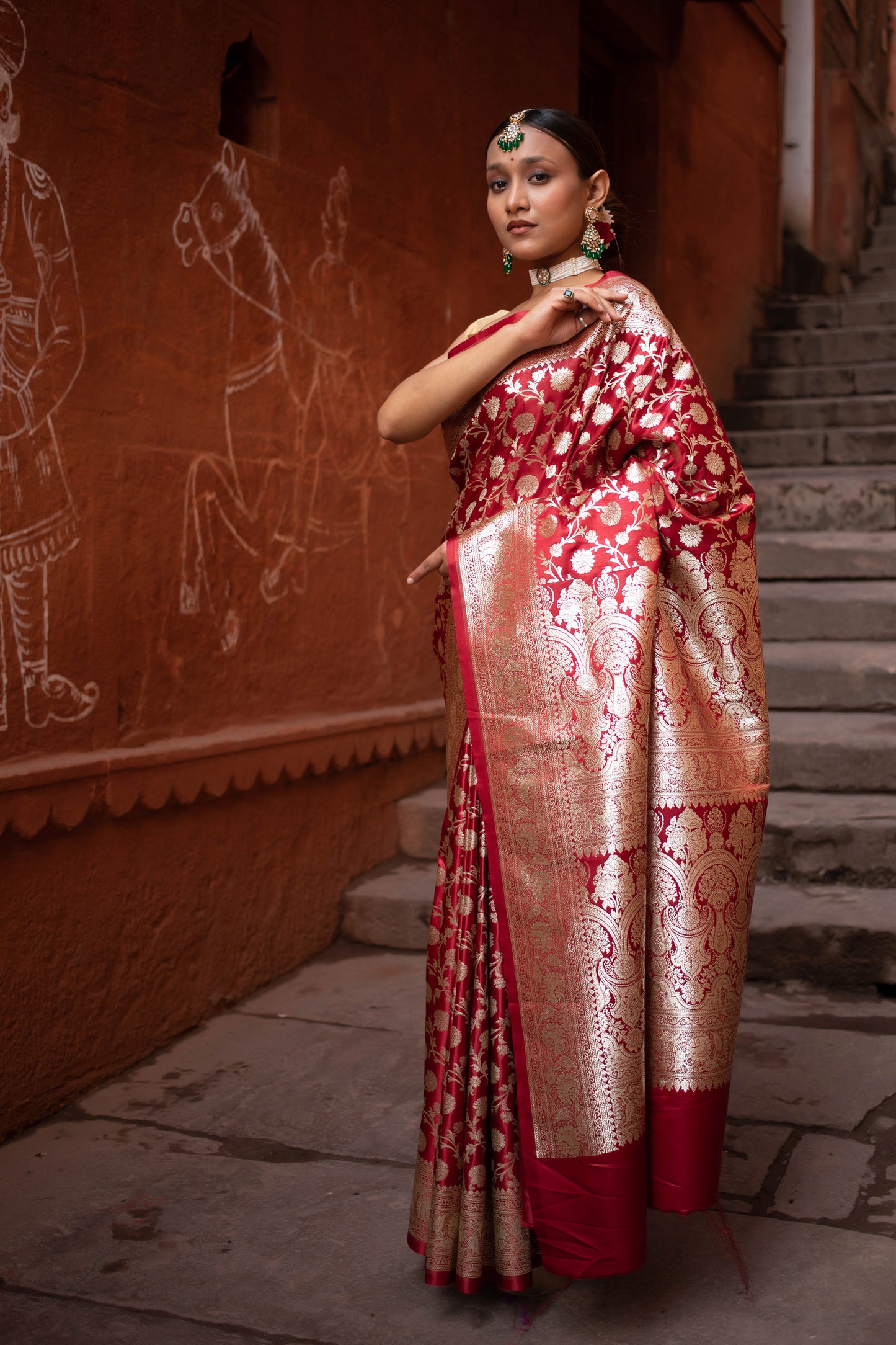 Royal Red Floral Zari Jaal Banarasi Silk Saree