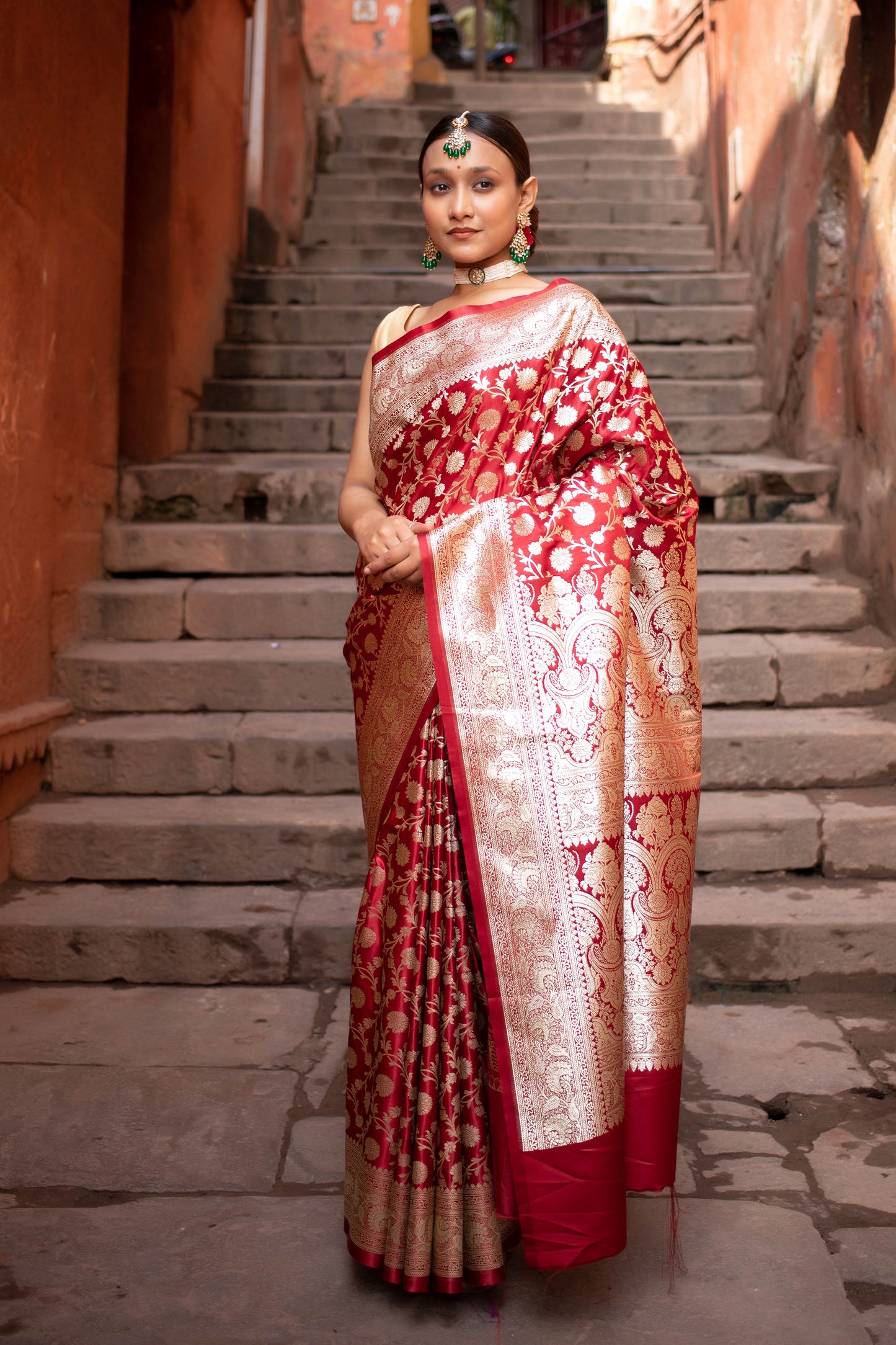 Royal Red Floral Zari Jaal Banarasi Silk Saree