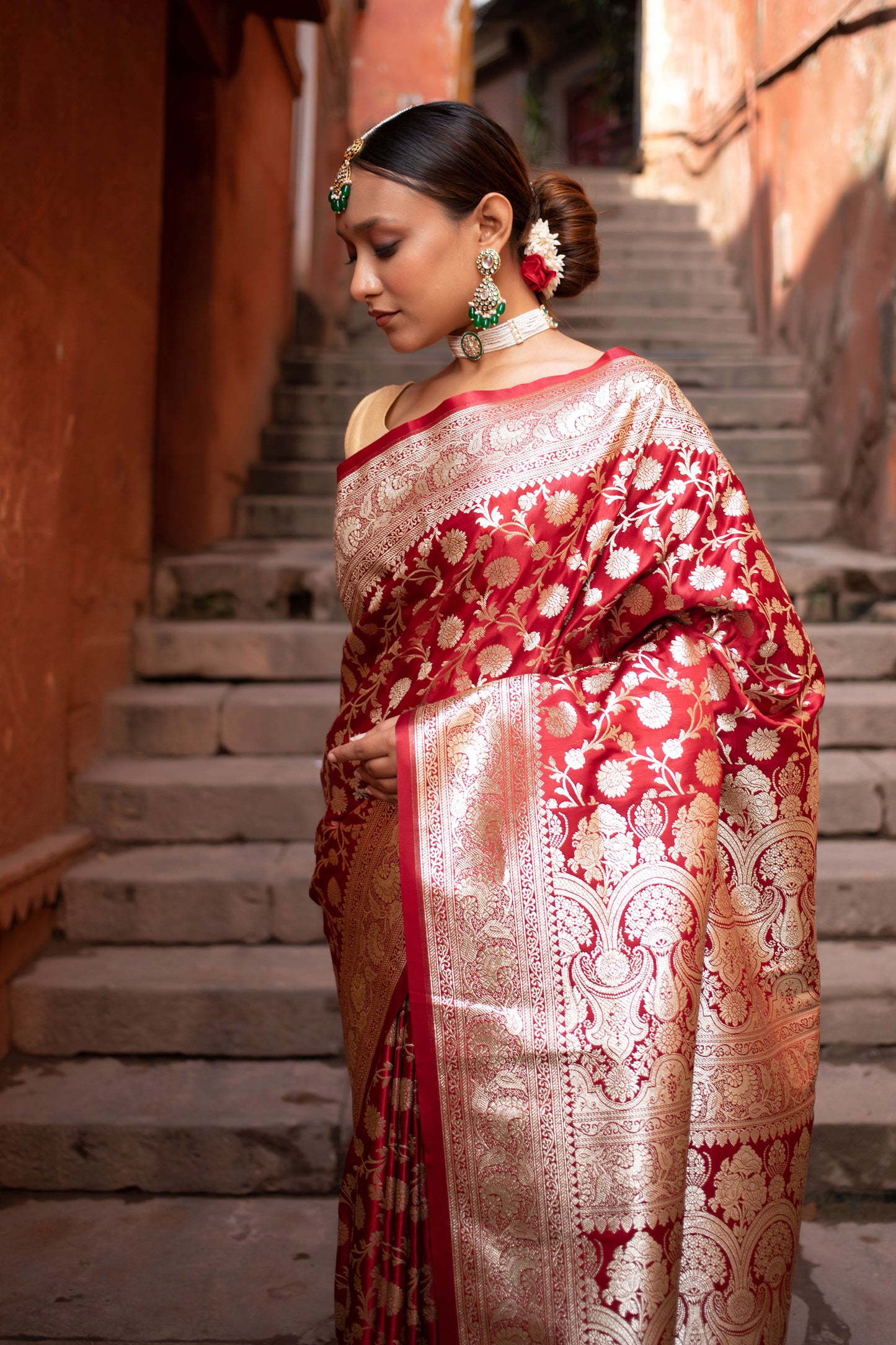 Royal Red Floral Zari Jaal Banarasi Silk Saree