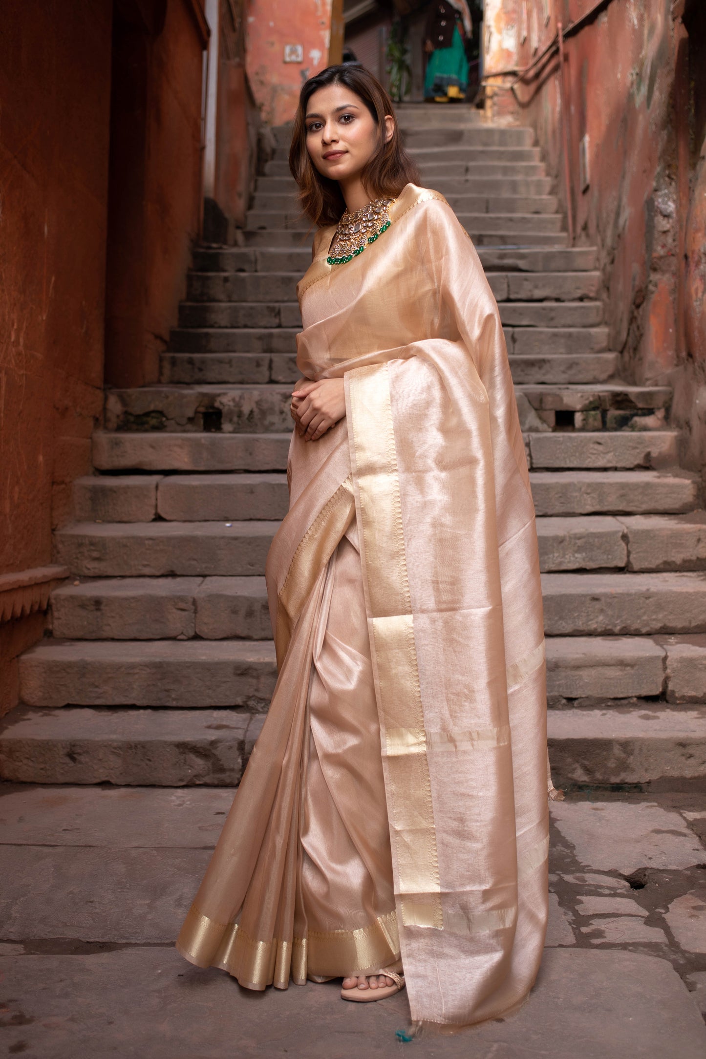 Dusty Golden Banarasi Tissue Silk Saree