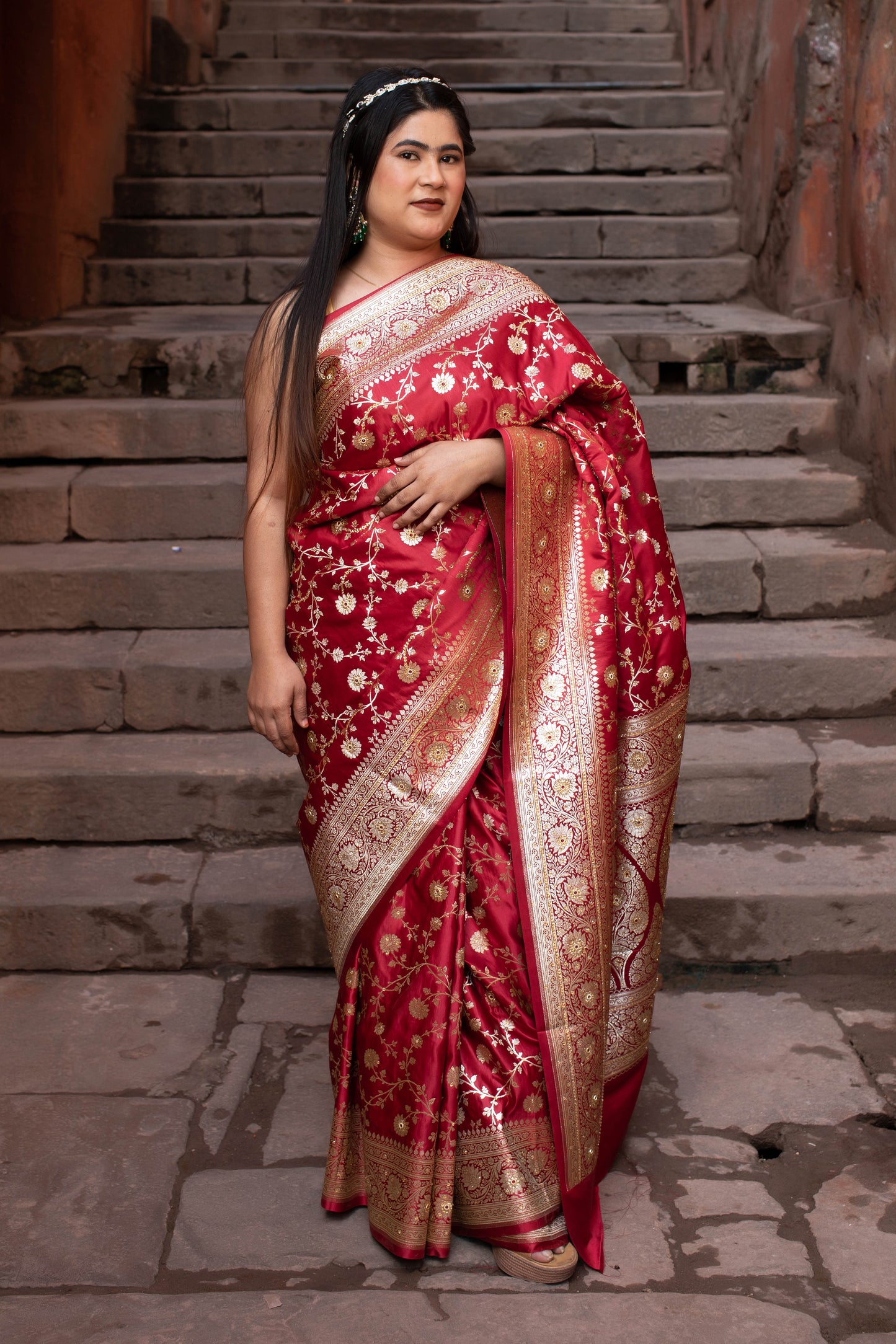 French Raspberry Red Banarasi Silk Saree