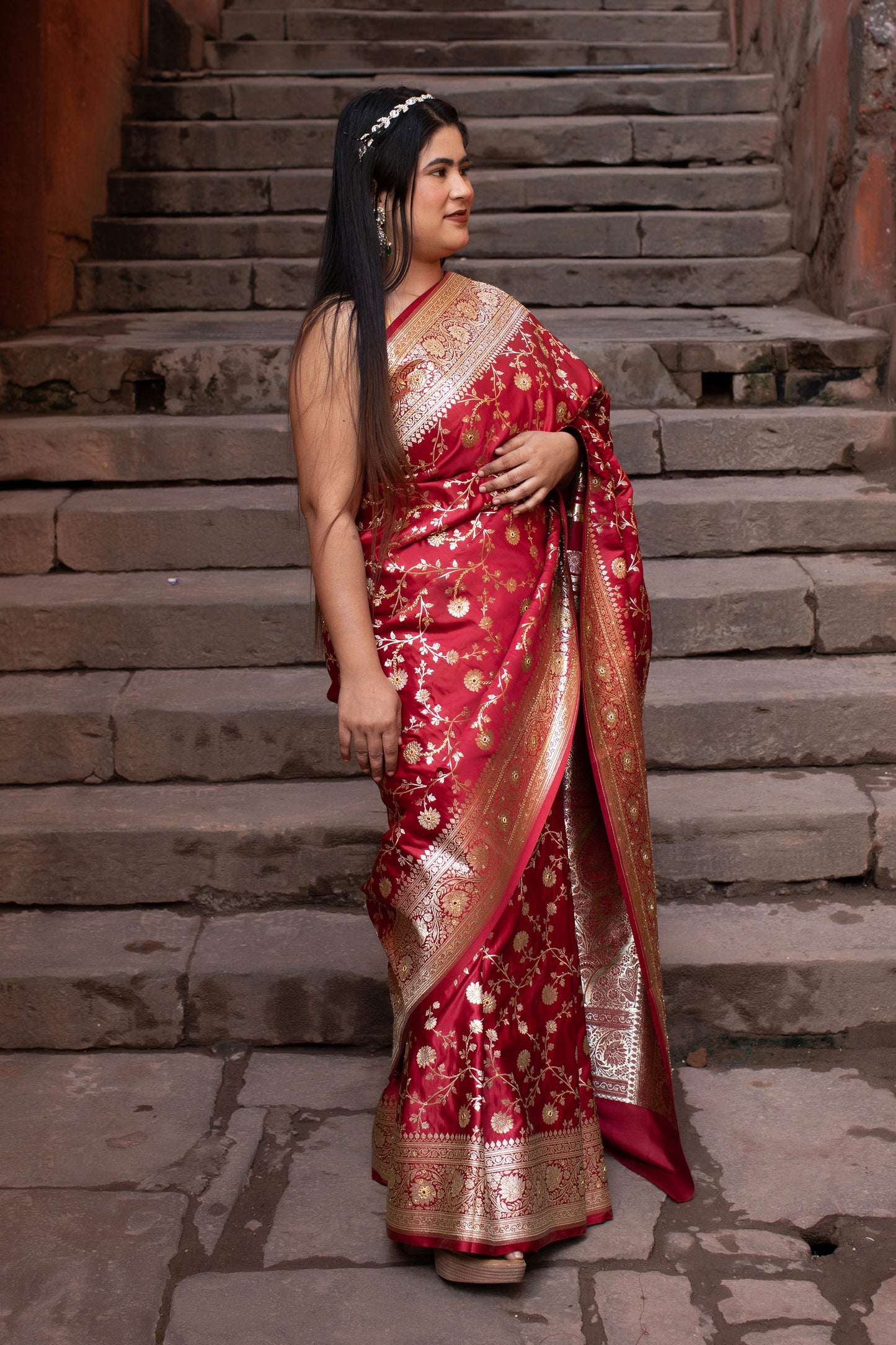 French Raspberry Red Banarasi Silk Saree