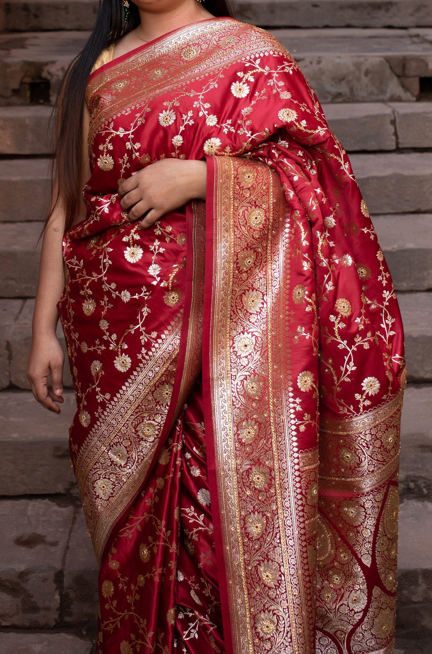 French Raspberry Red Banarasi Silk Saree