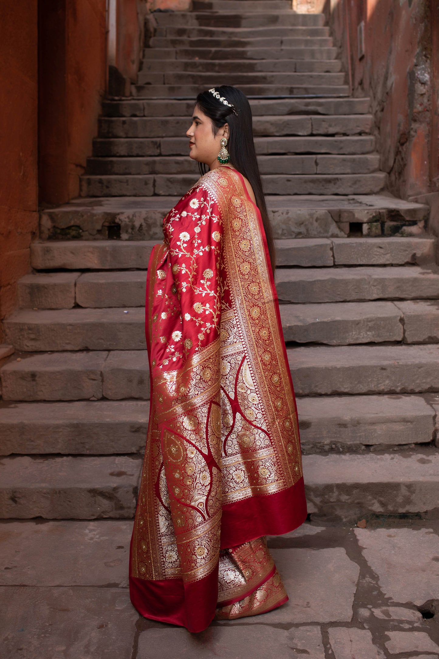 French Raspberry Red Banarasi Silk Saree