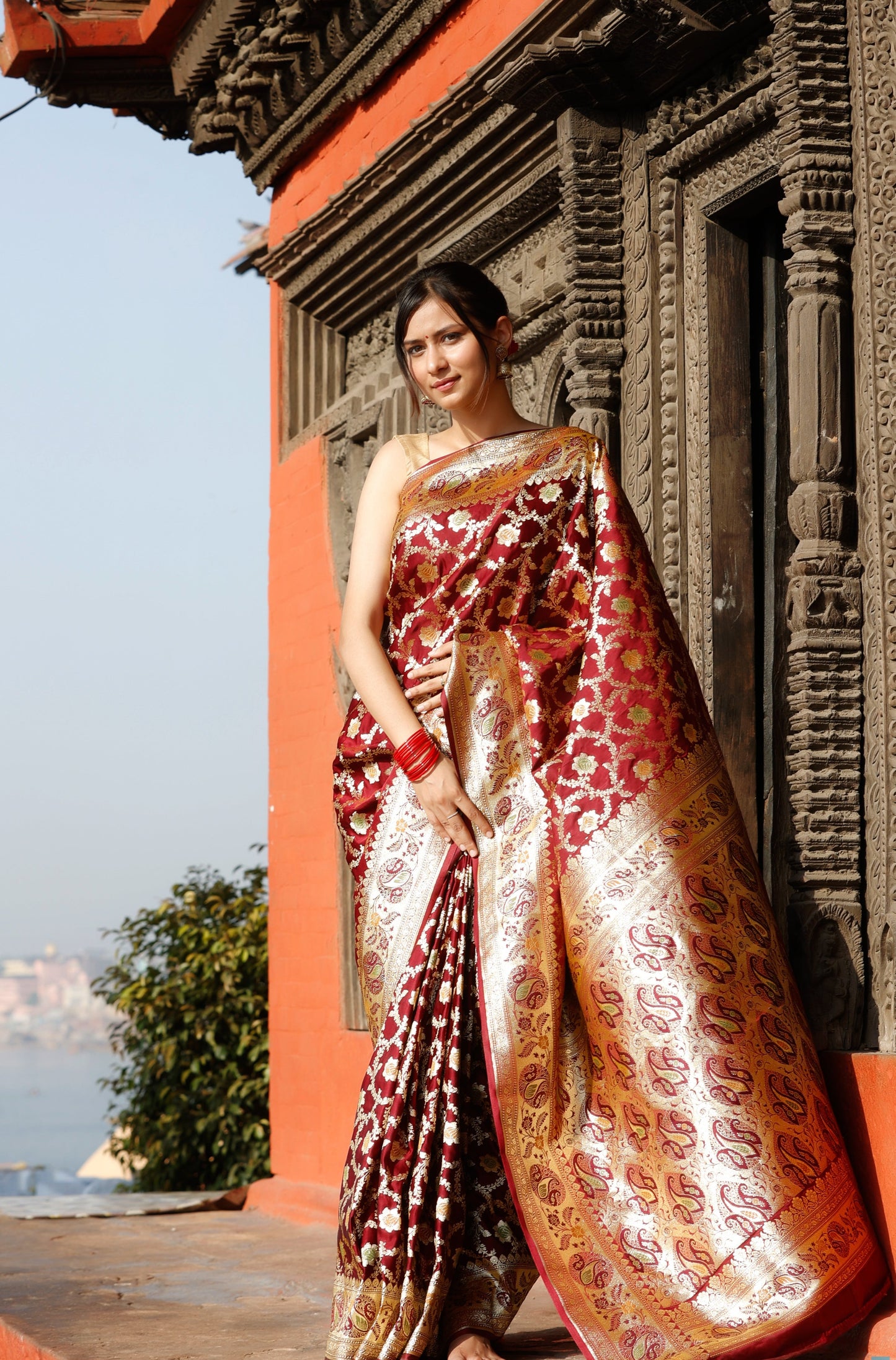 Maroon Meenakari Floral Jaal Katan Silk Saree