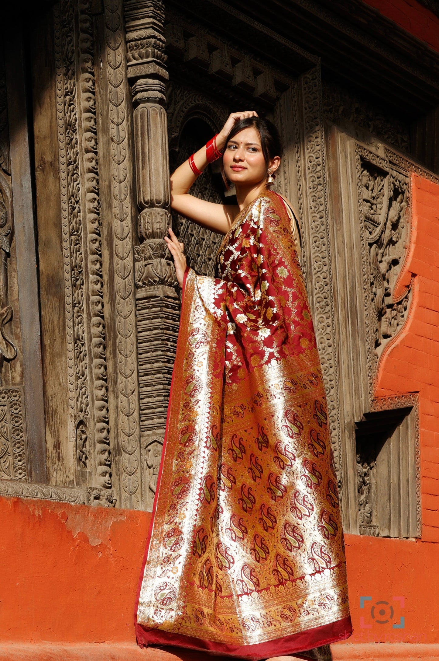 Maroon Meenakari Floral Jaal Katan Silk Saree