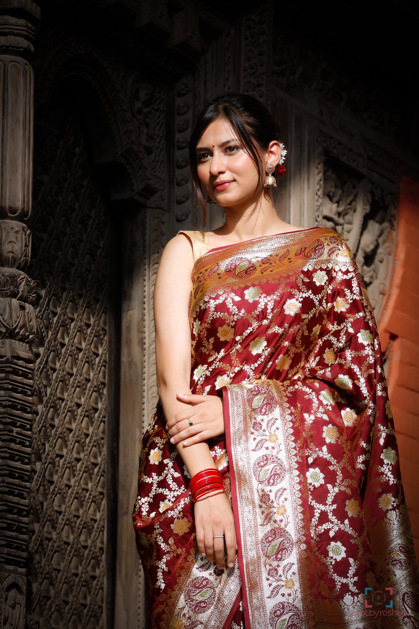 Maroon Meenakari Floral Jaal Katan Silk Saree