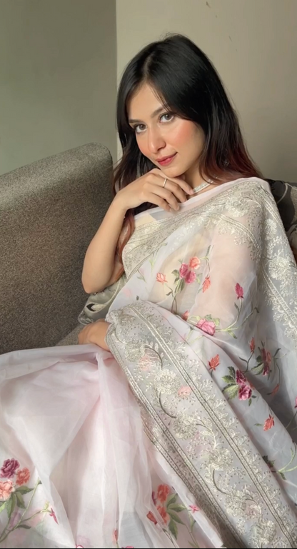 Baby Pink With Floral Embroidery Organza Saree