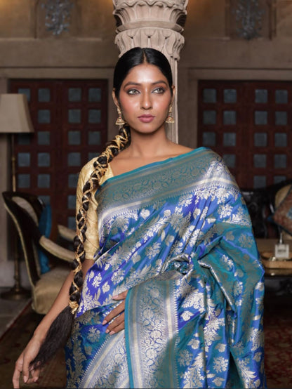 Blue Pure Katan Silk Handloom  With Jaal Banarasi Saree