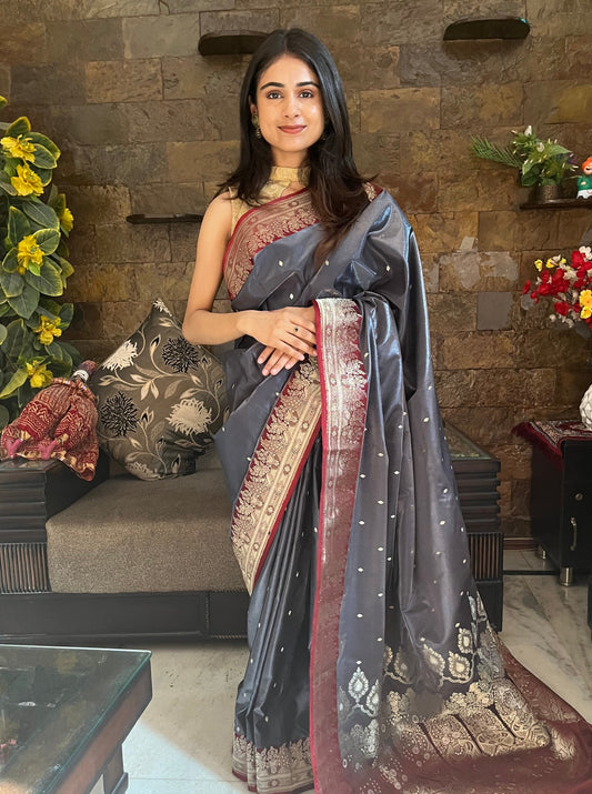 Metallic Grey Banarasi Silk Saree