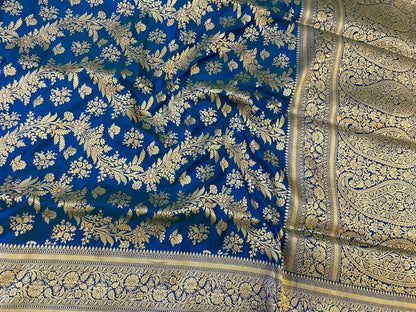 Blue Pure Katan Silk Handloom  With Jaal Banarasi Saree