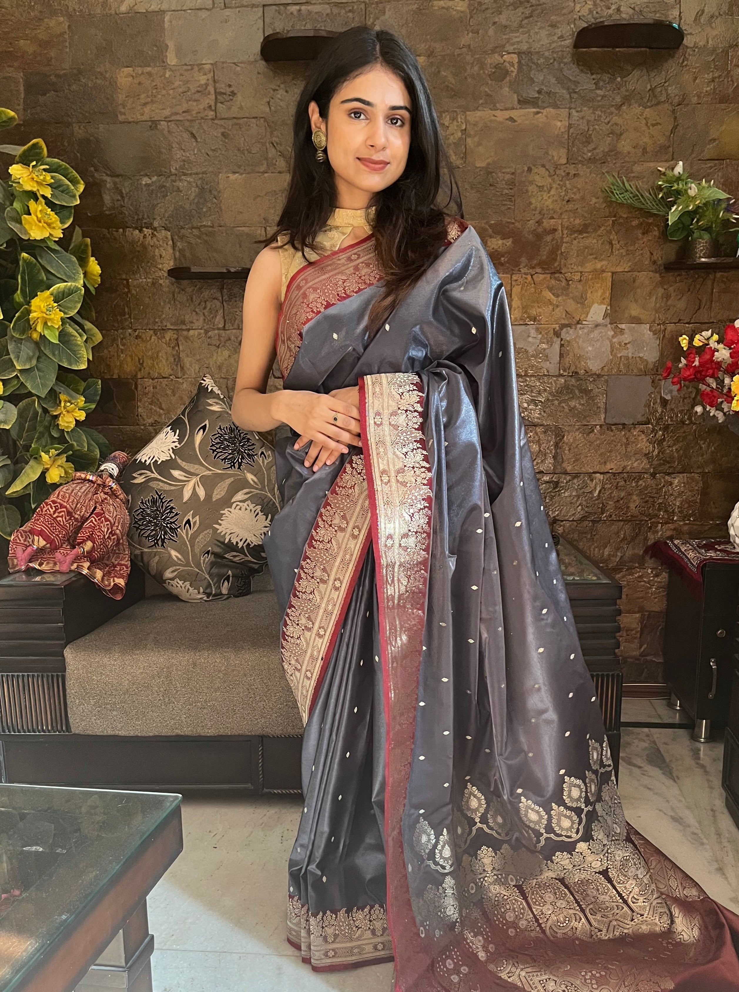 Dark Gray Banarasi Saree with Crystal Work - Urban Womania